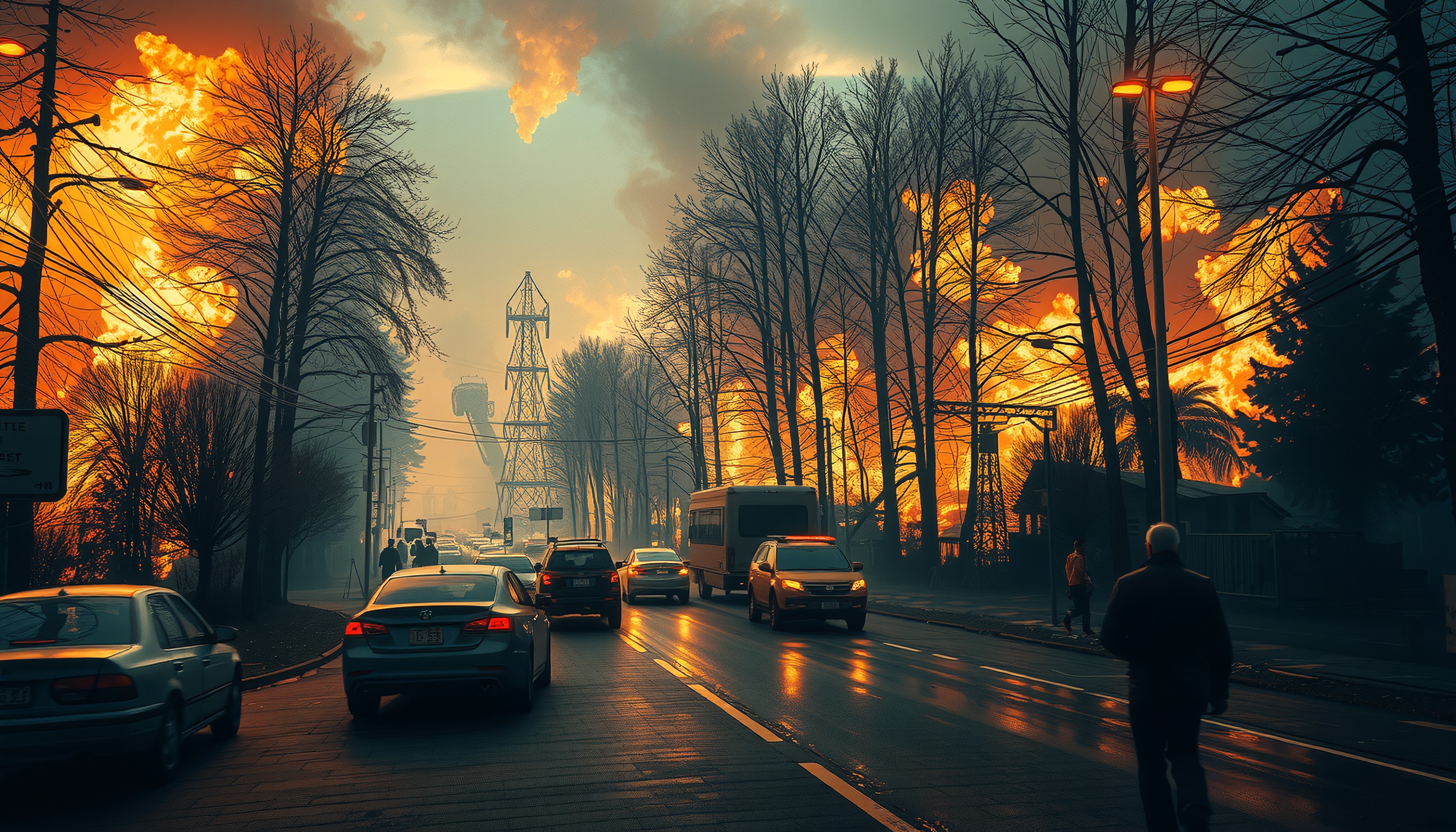 Fiery Urban Street Scene