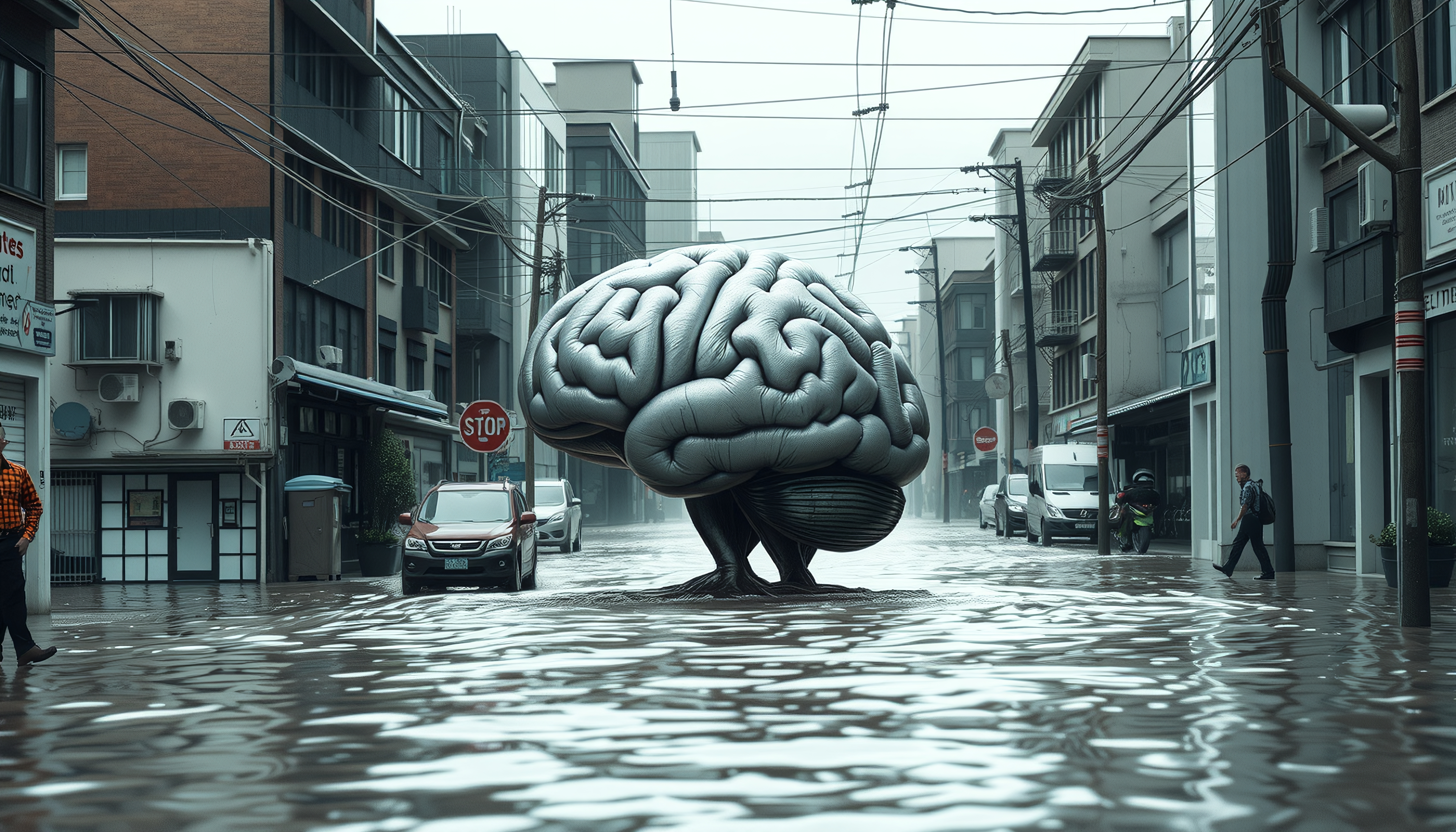 Surreal Brain in Flooded Street