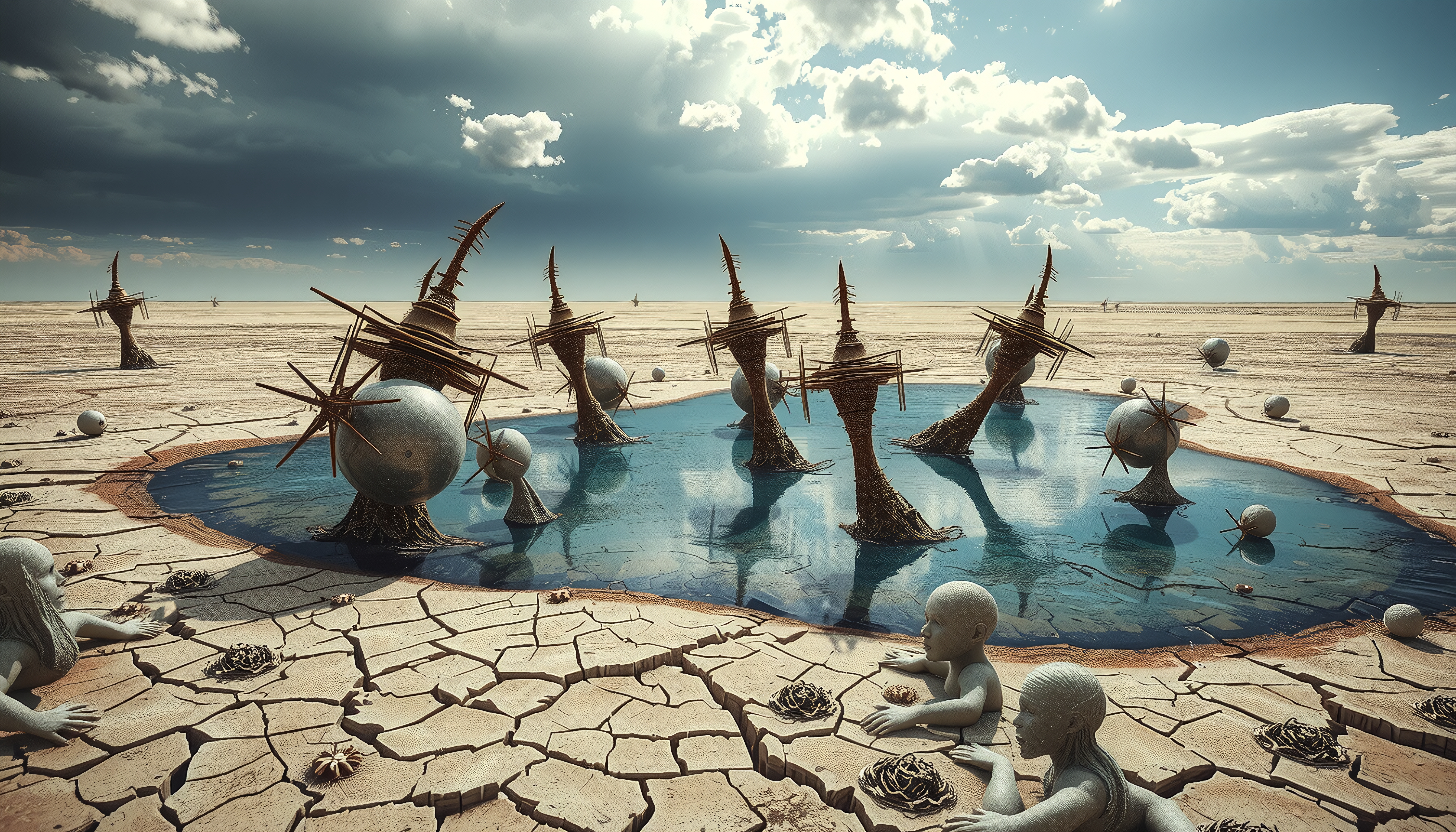 Surreal landscape with sculptures and pool in a desert.