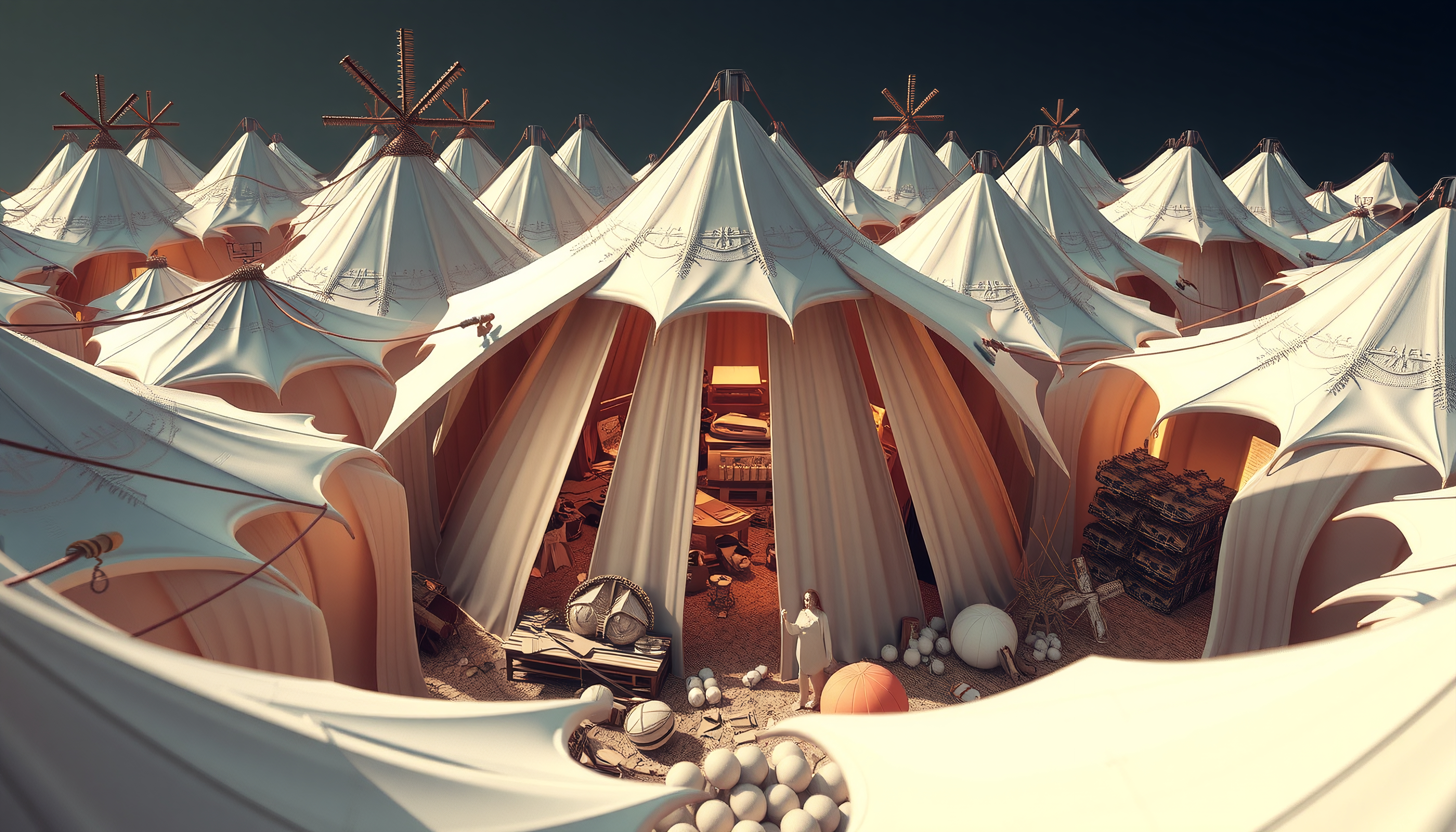 A cluster of futuristic tents under a clear sky, revealing intricate mechanical structures and a variety of goods inside, with a person standing at the entrance.