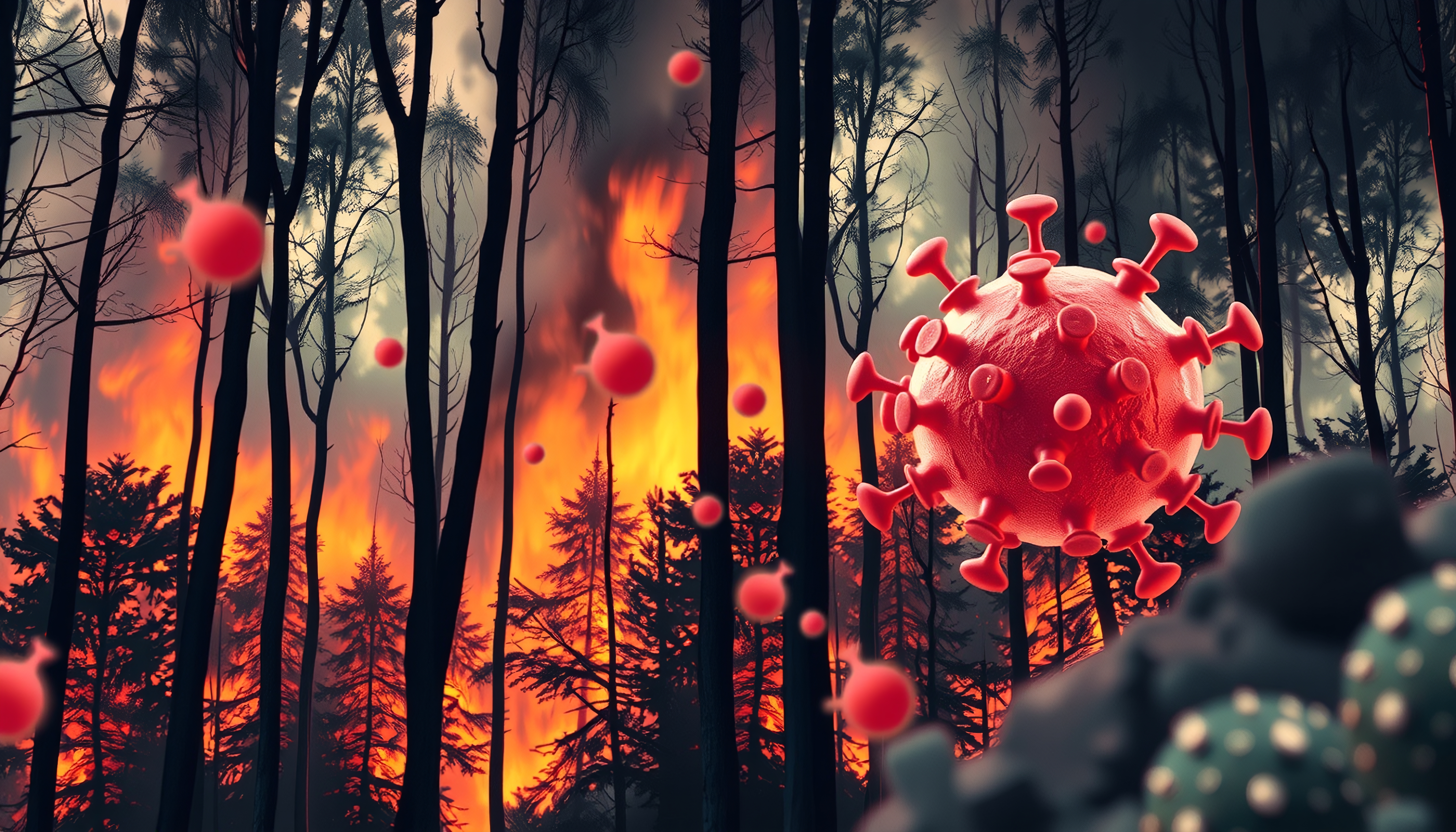 Image showing wildfire-ravaged forest with virus overlay.