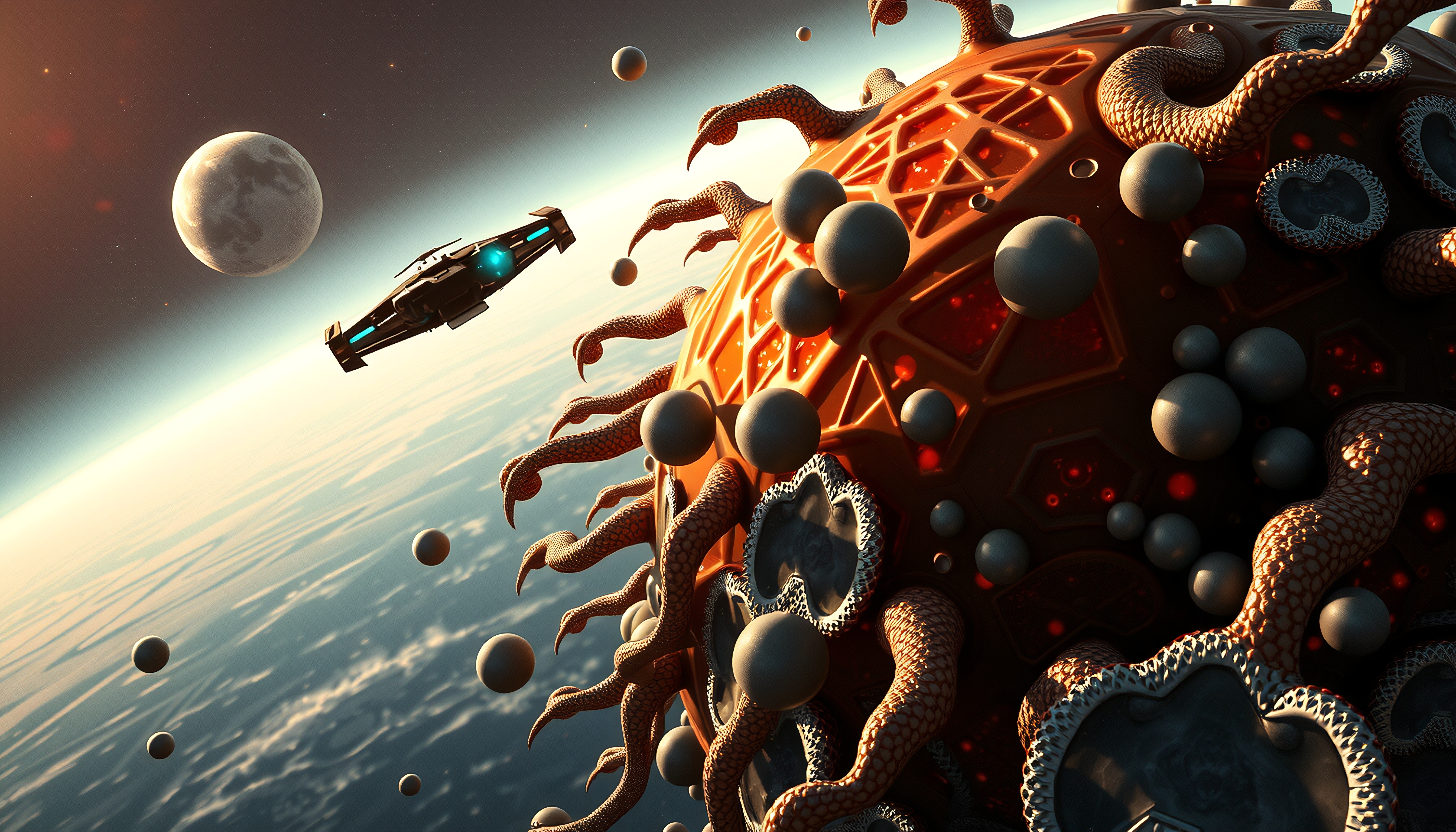 Futuristic spacecraft approaching alien sphere.