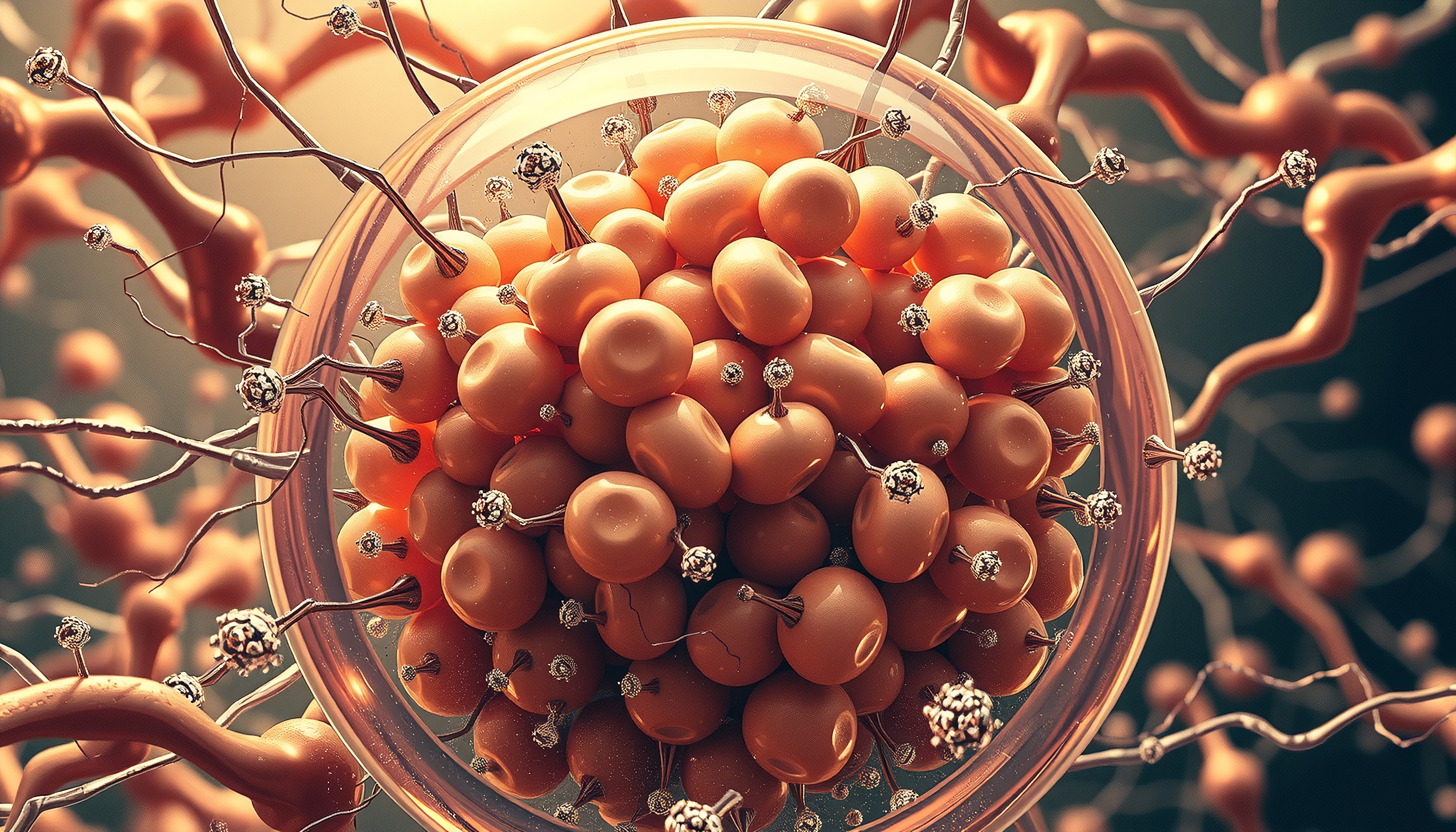 Intricate cellular structure with orange spheres and silver spikes in translucent membrane.
