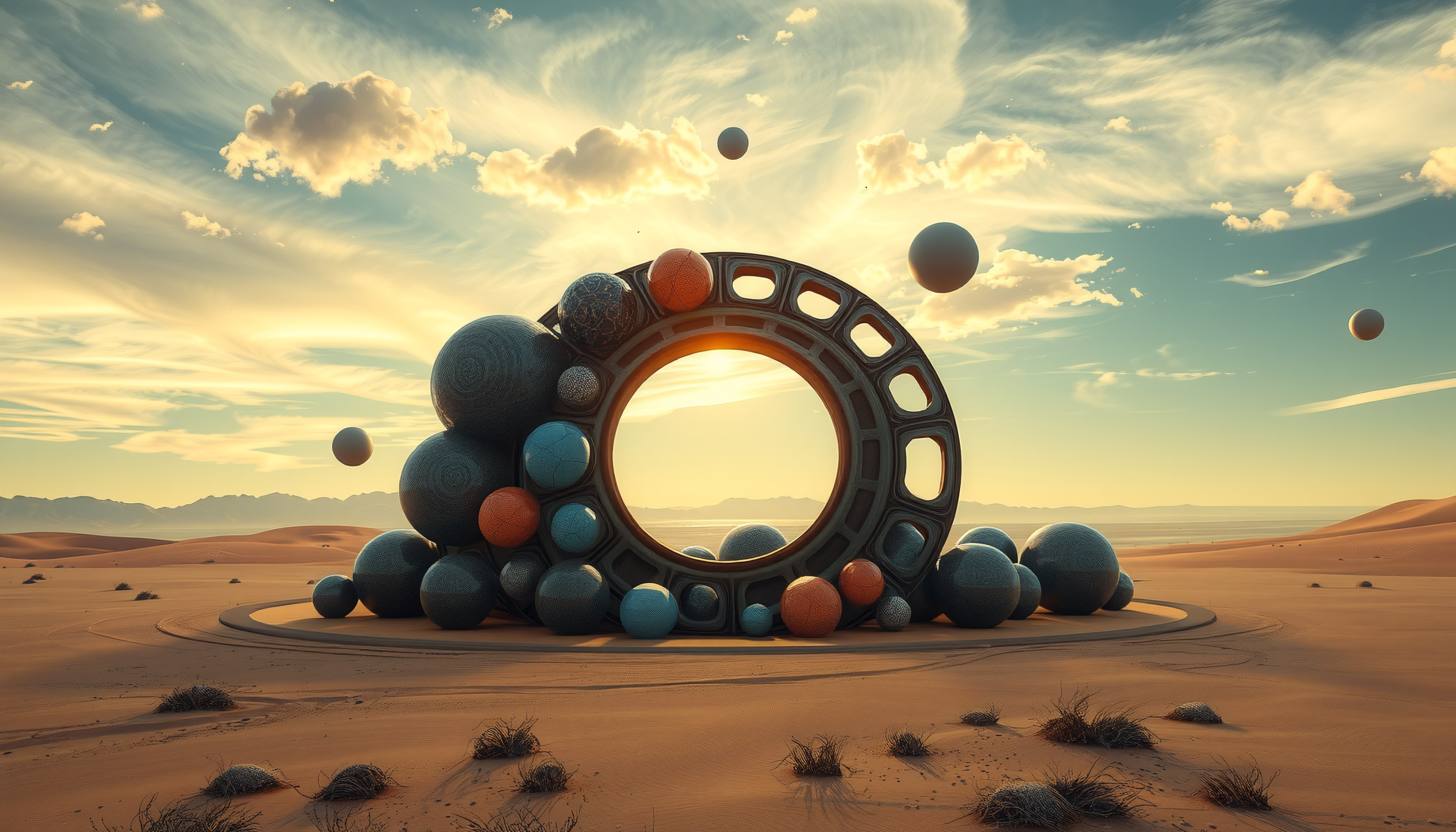 A surreal landscape with floating spheres and a circular structure in a desert sunset.