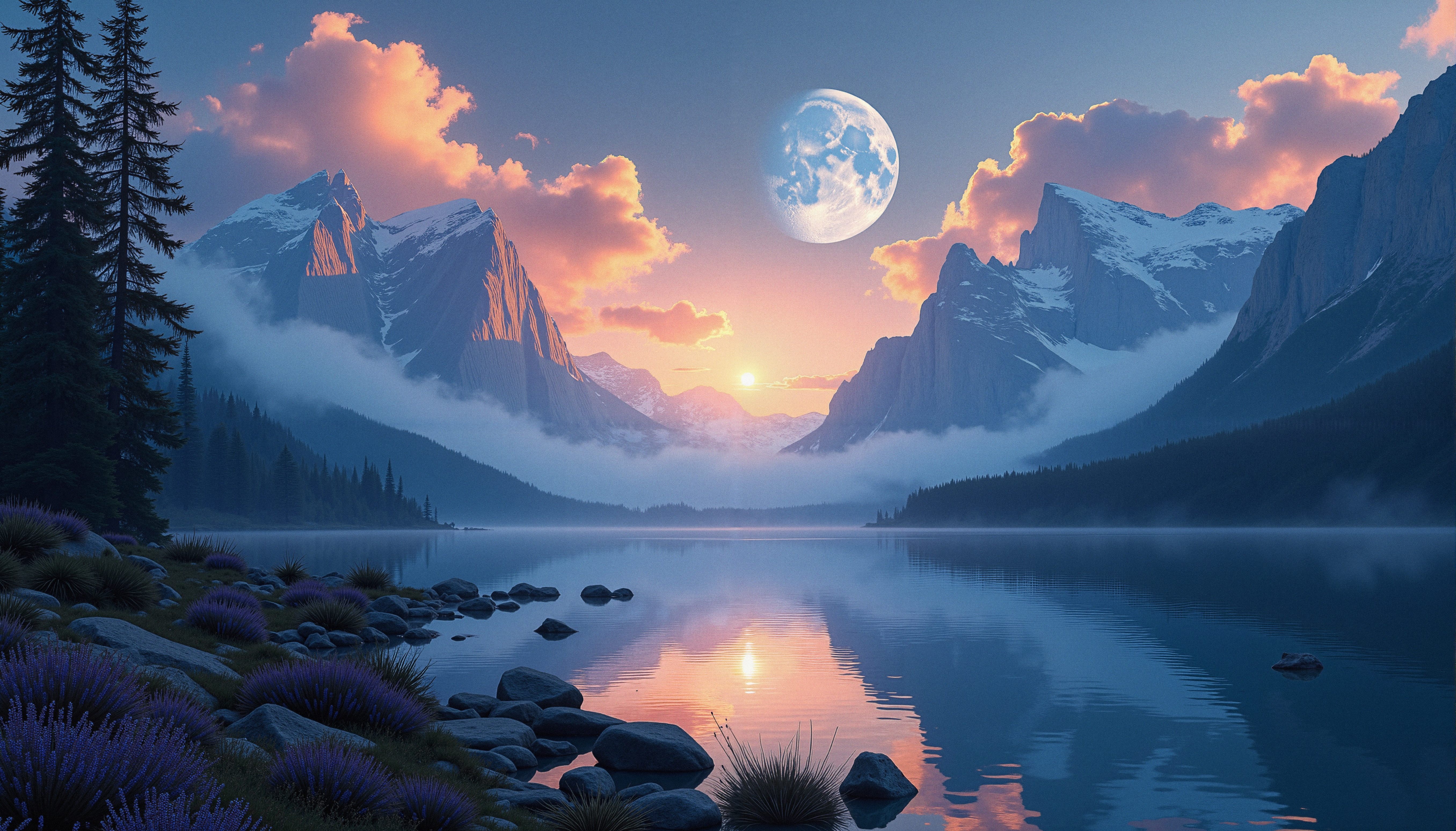 A mystical landscape with a vibrant sky reflects on a tranquil lake, framed by majestic snow-capped mountains and a hovering moon.