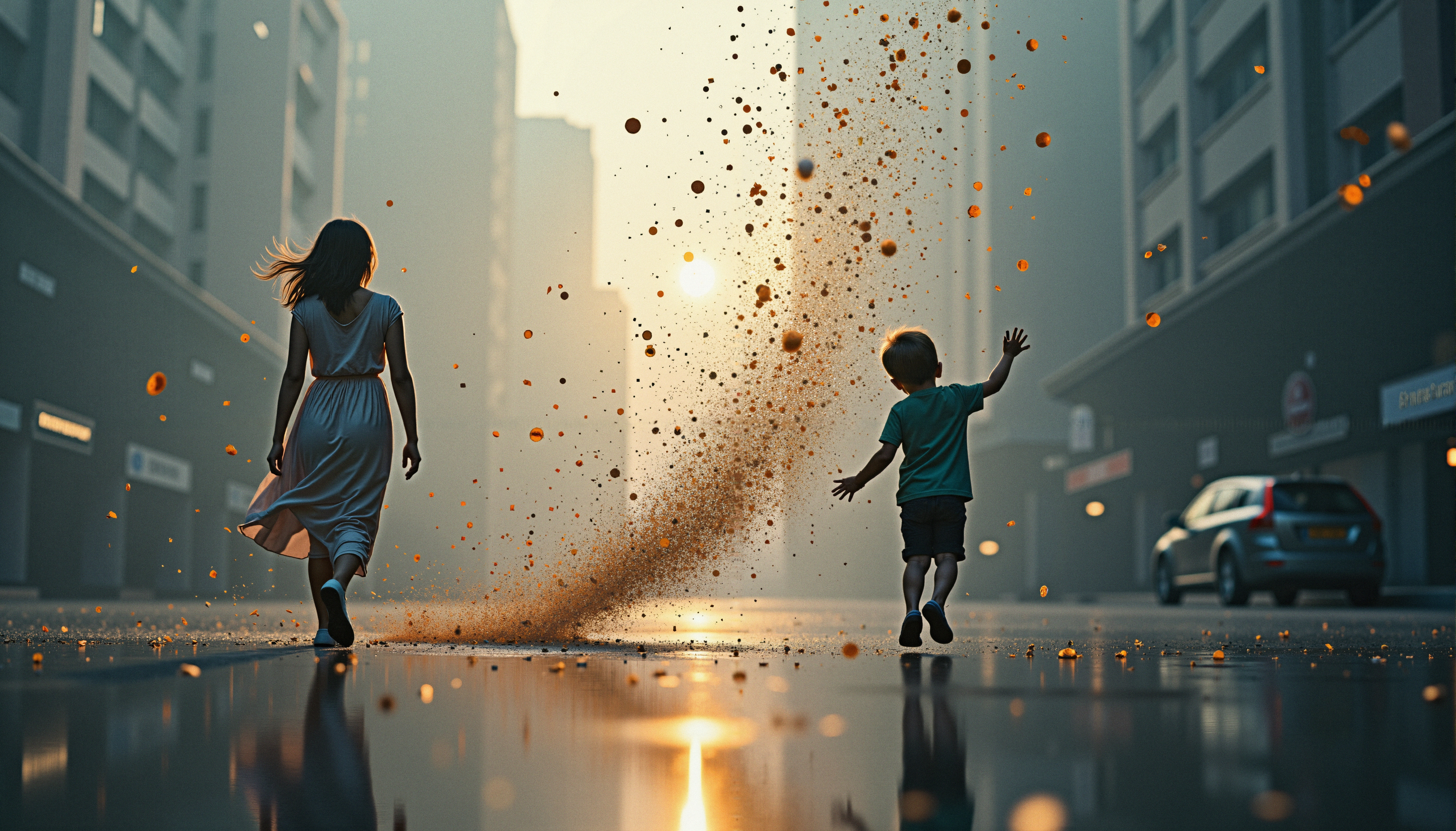 A woman and child in a dreamlike sunset street scene with particles.
