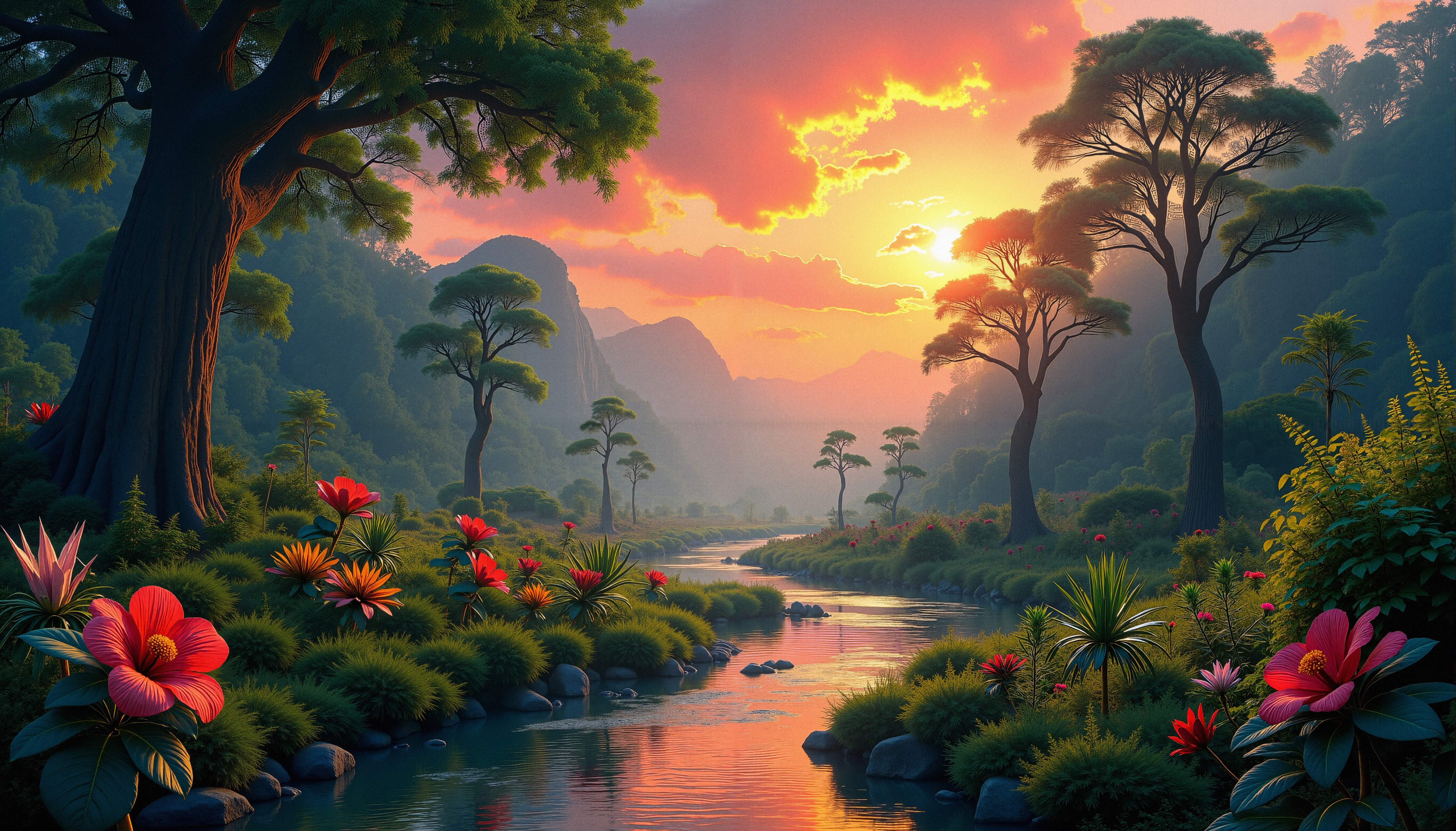 A serene river winds through lush, vibrant landscapes under a stunning sunset, surrounded by towering trees and colorful flowers.