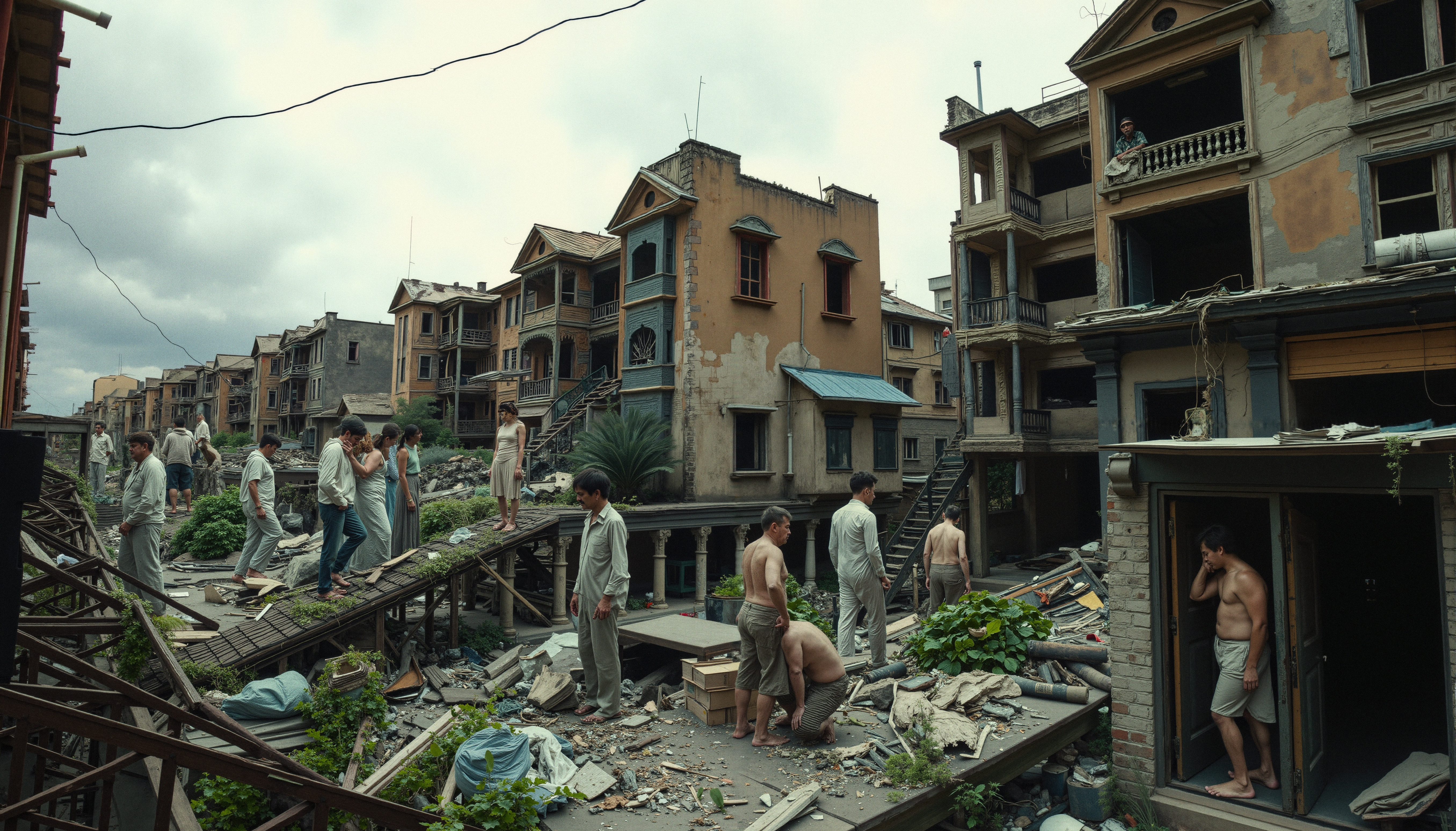 Image of people standing among the ruins of dilapidated buildings, illustrating urban decay and desolation.