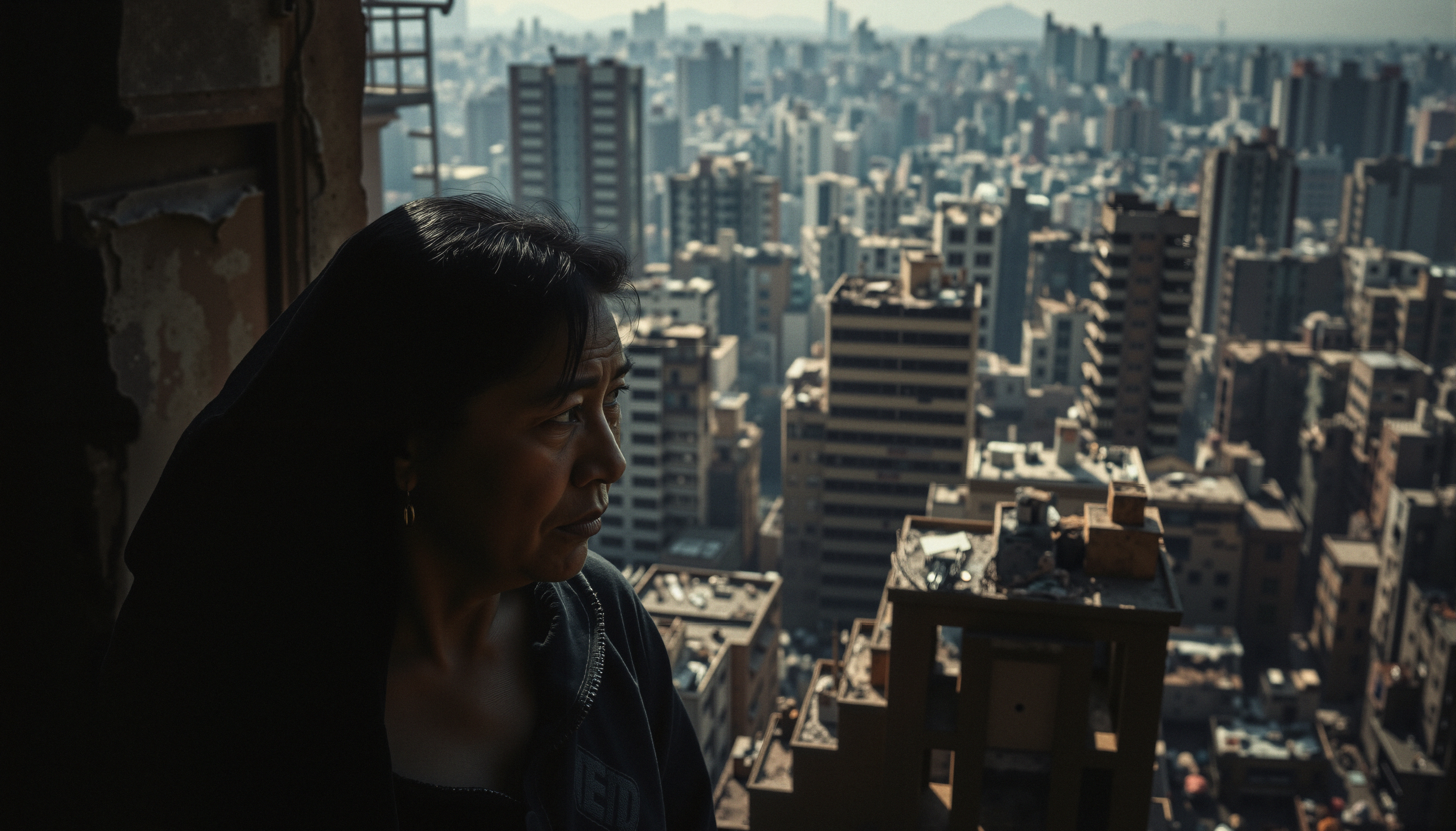 A contemplative woman looks out over a dense cityscape of high-rise buildings under the sunlight.