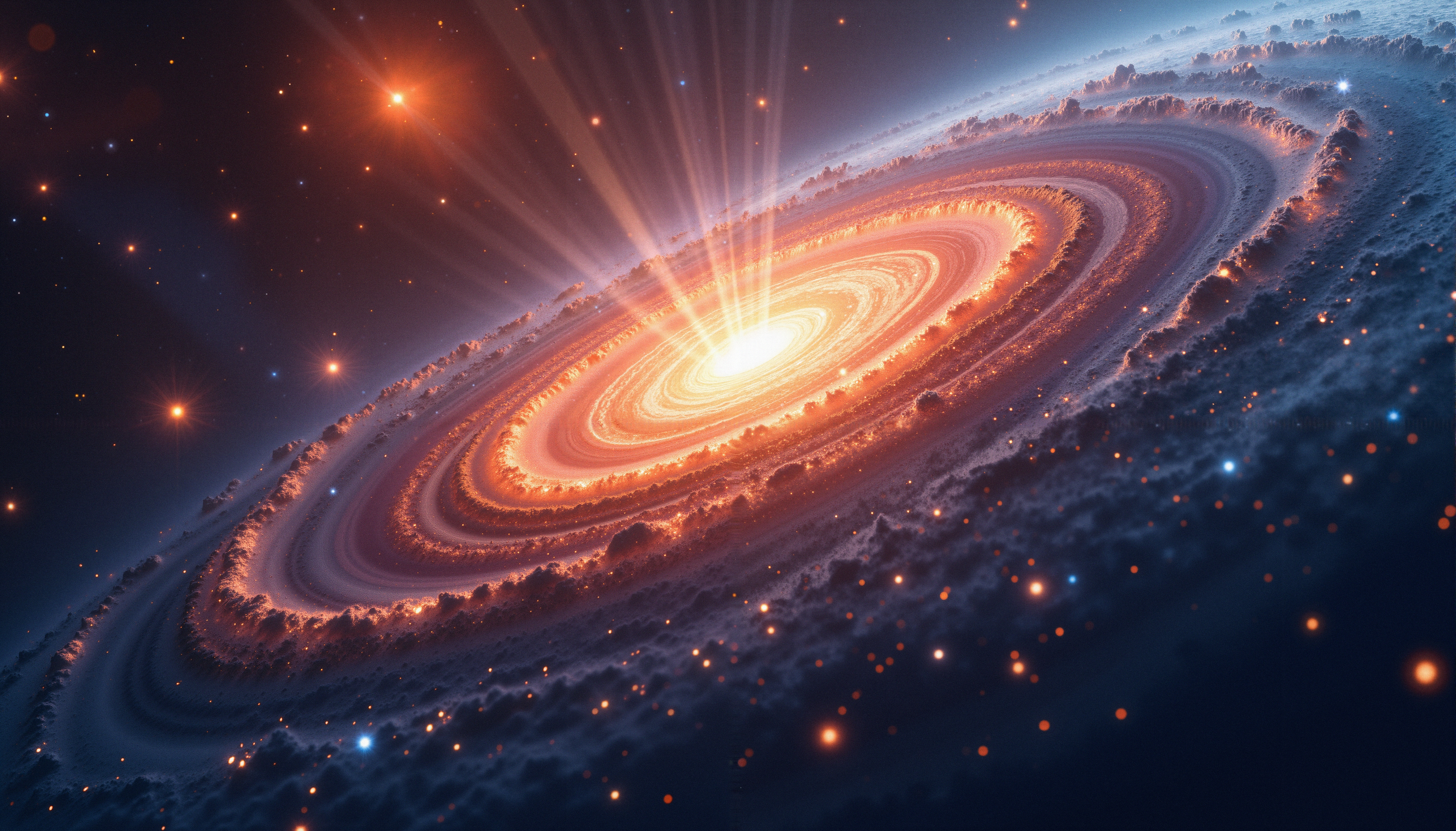 A vivid depiction of a glowing cosmic disk, showcasing bright light beams in deep space.