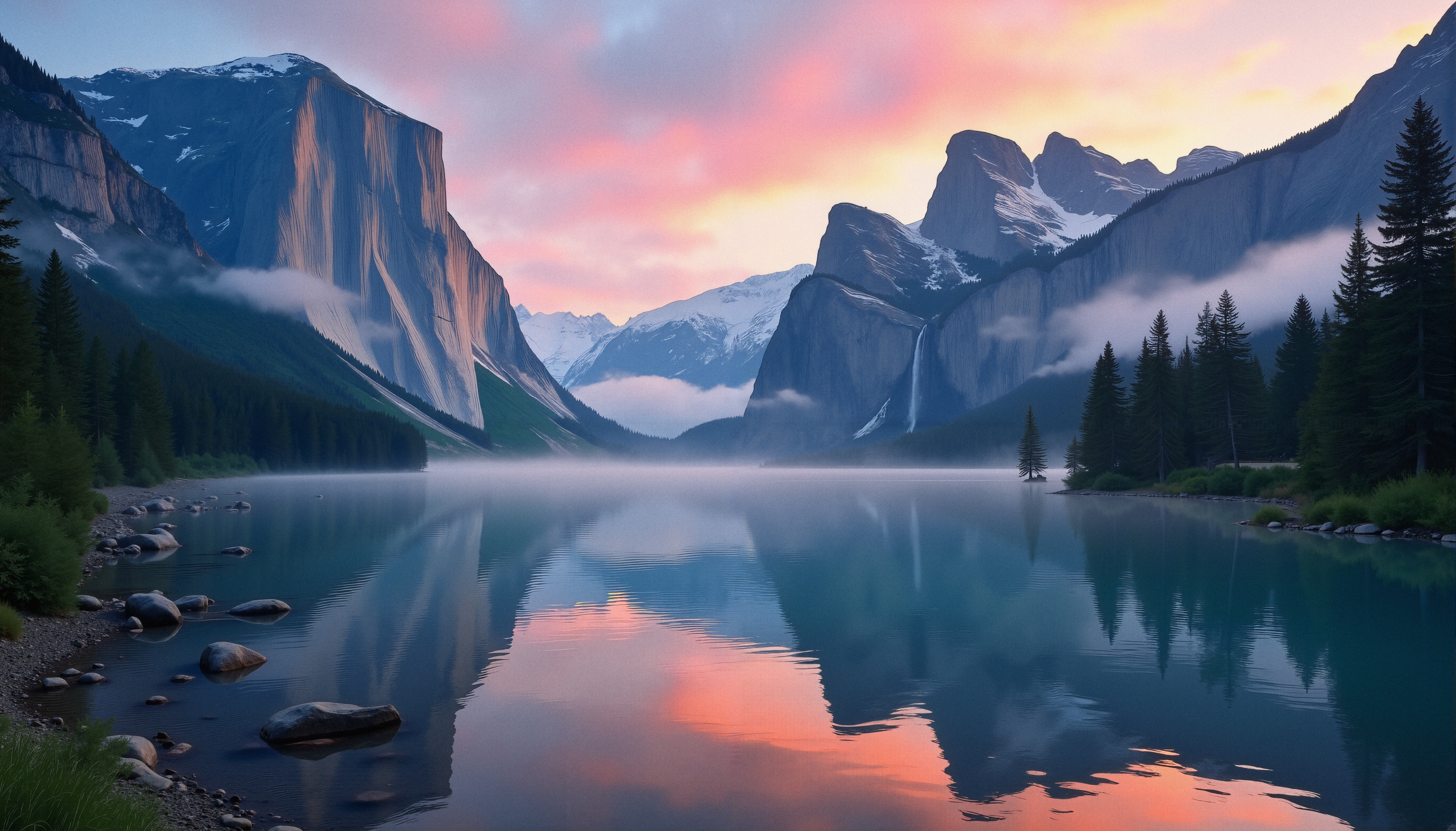 "Majestic mountains reflected in tranquil lake at sunrise."