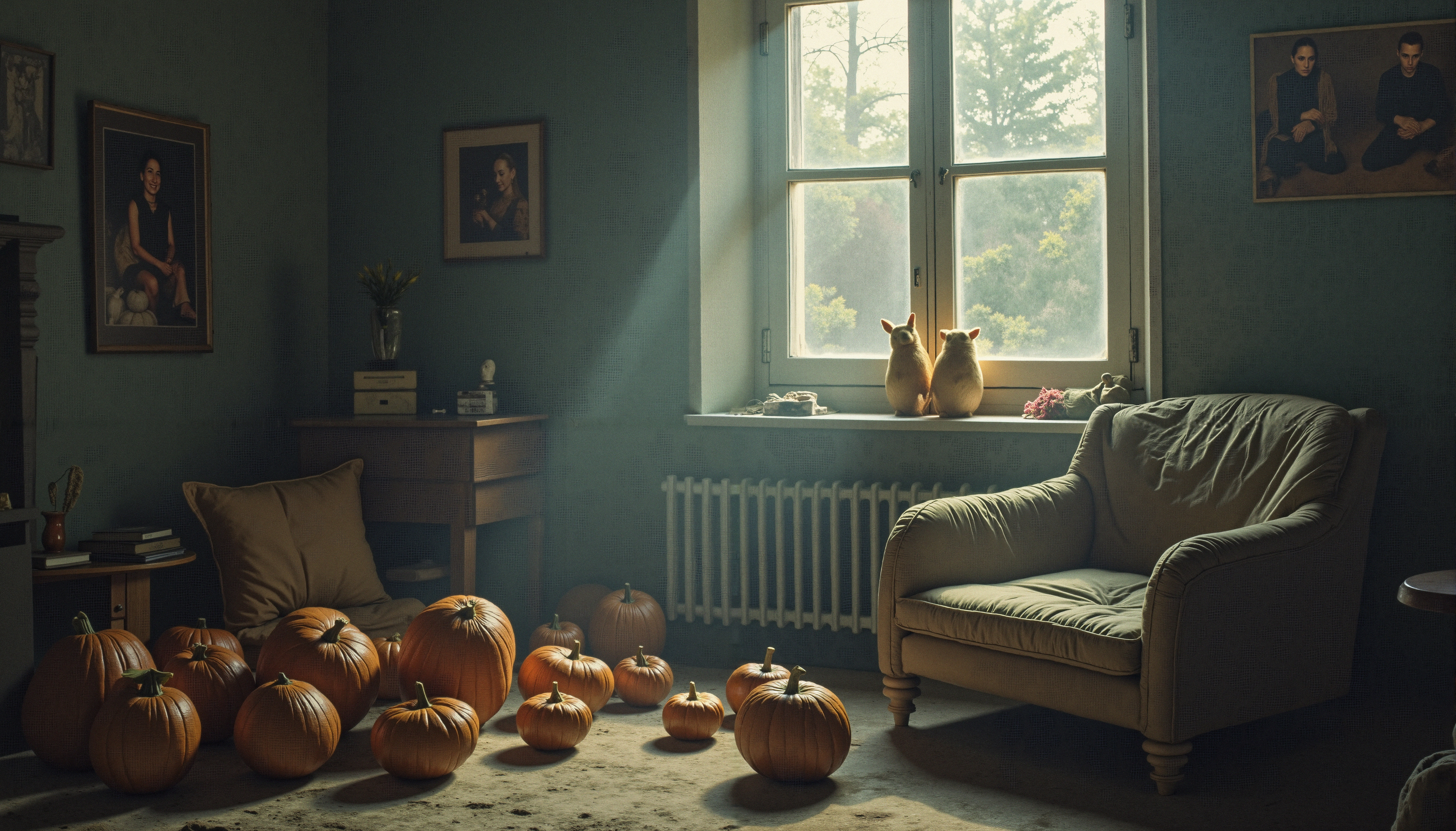 Cozy room with pumpkins, armchair, and portraits by a sunlit window.