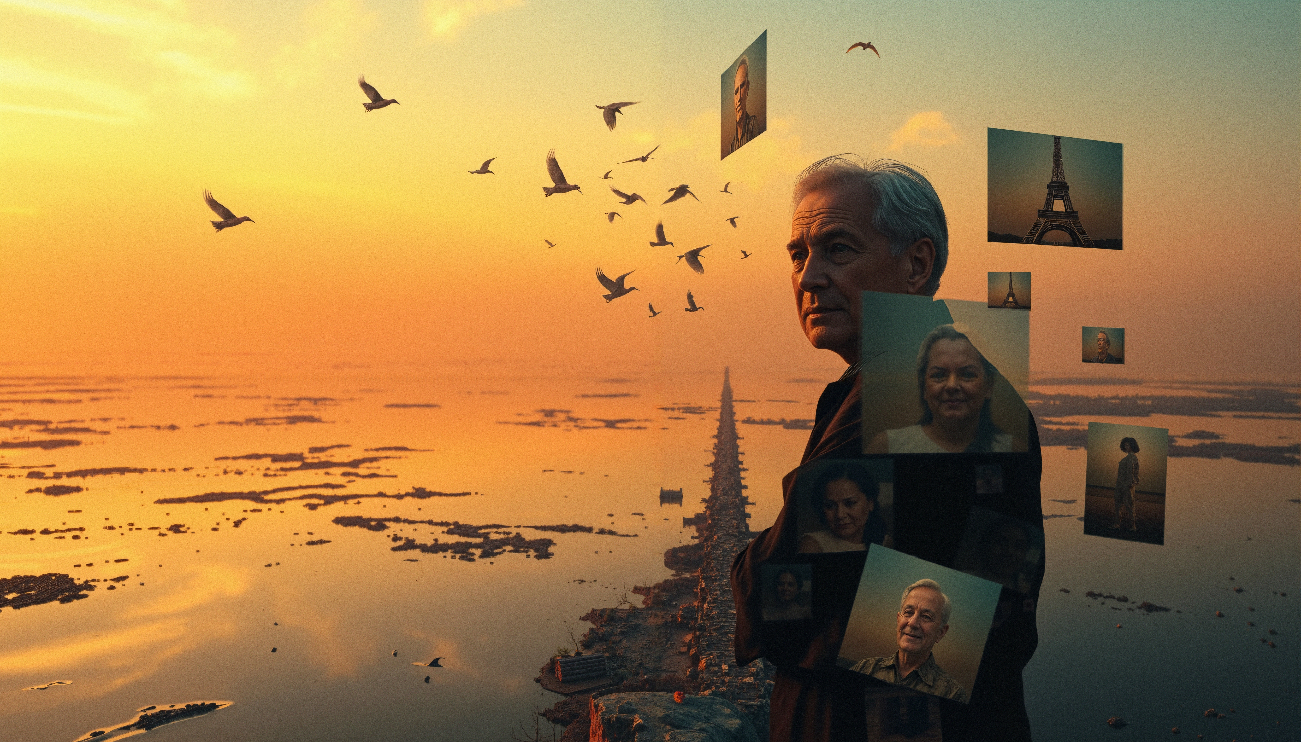 A man stands with floating photos at sunset, birds flying.