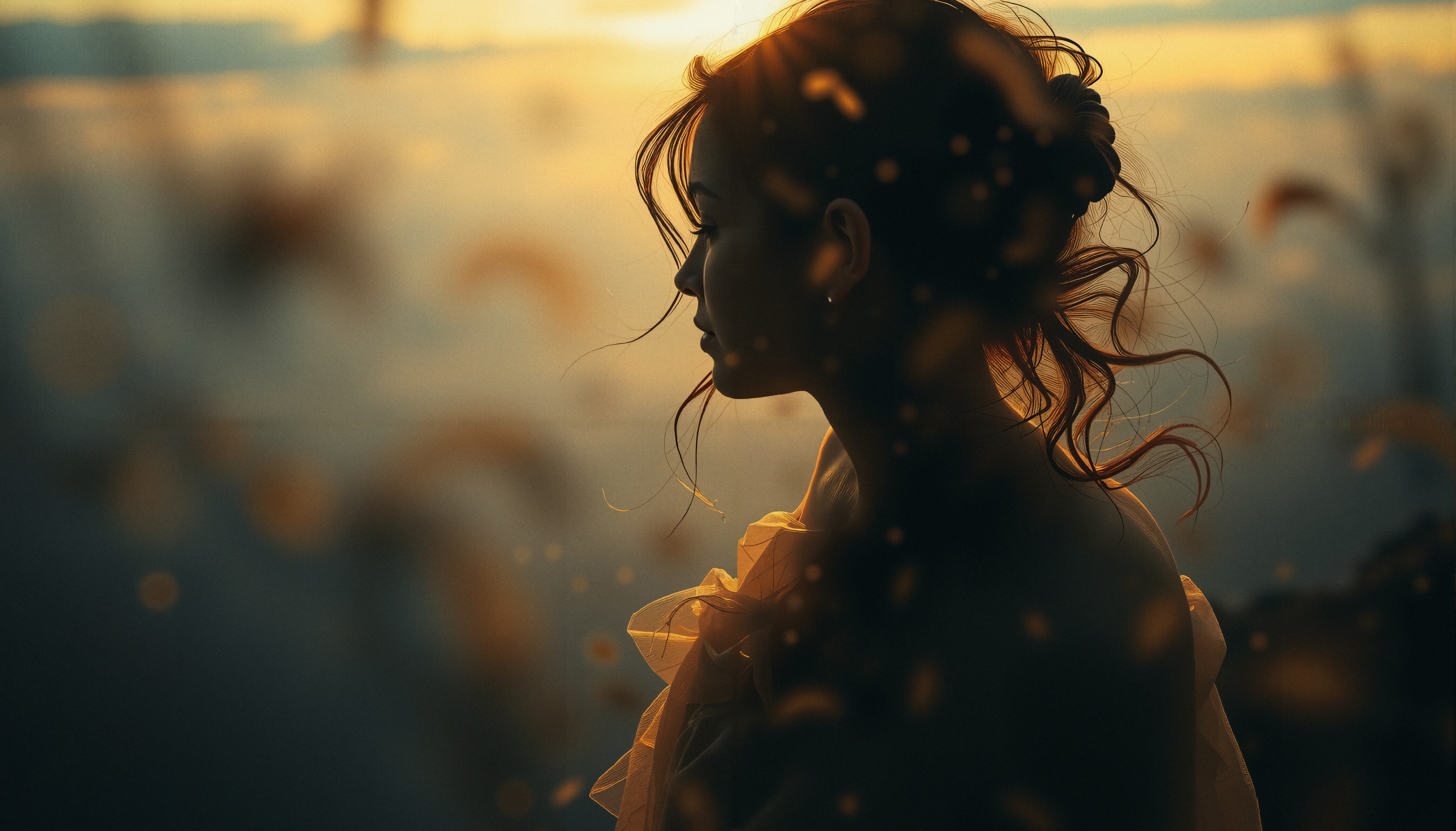 A woman's silhouette at sunset with gentle curls and golden light creating a serene atmosphere.