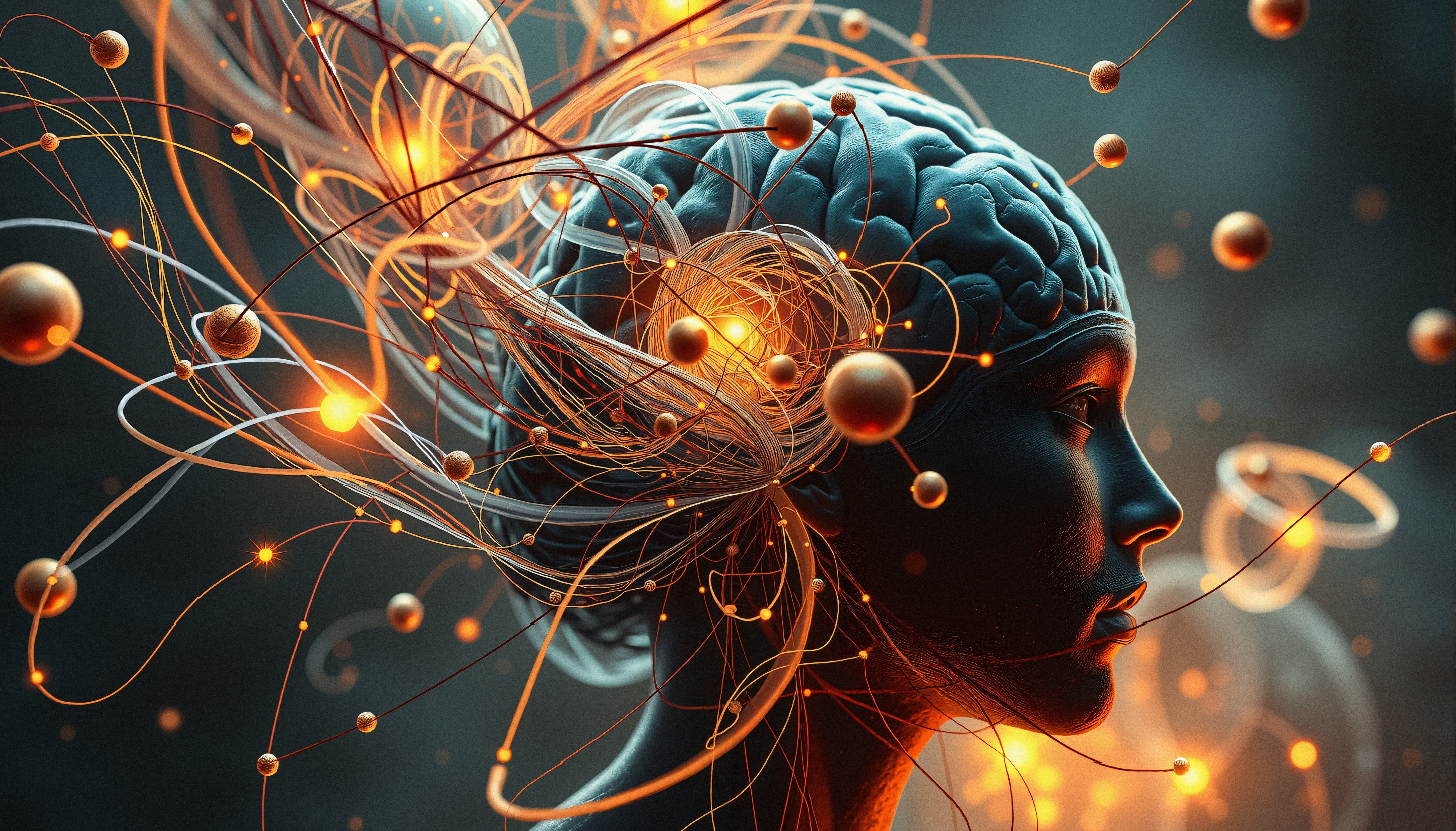 Abstract side view of a human head with glowing neural networks and orange nodes against a teal background, illustrating brain connectivity and neuron activity.