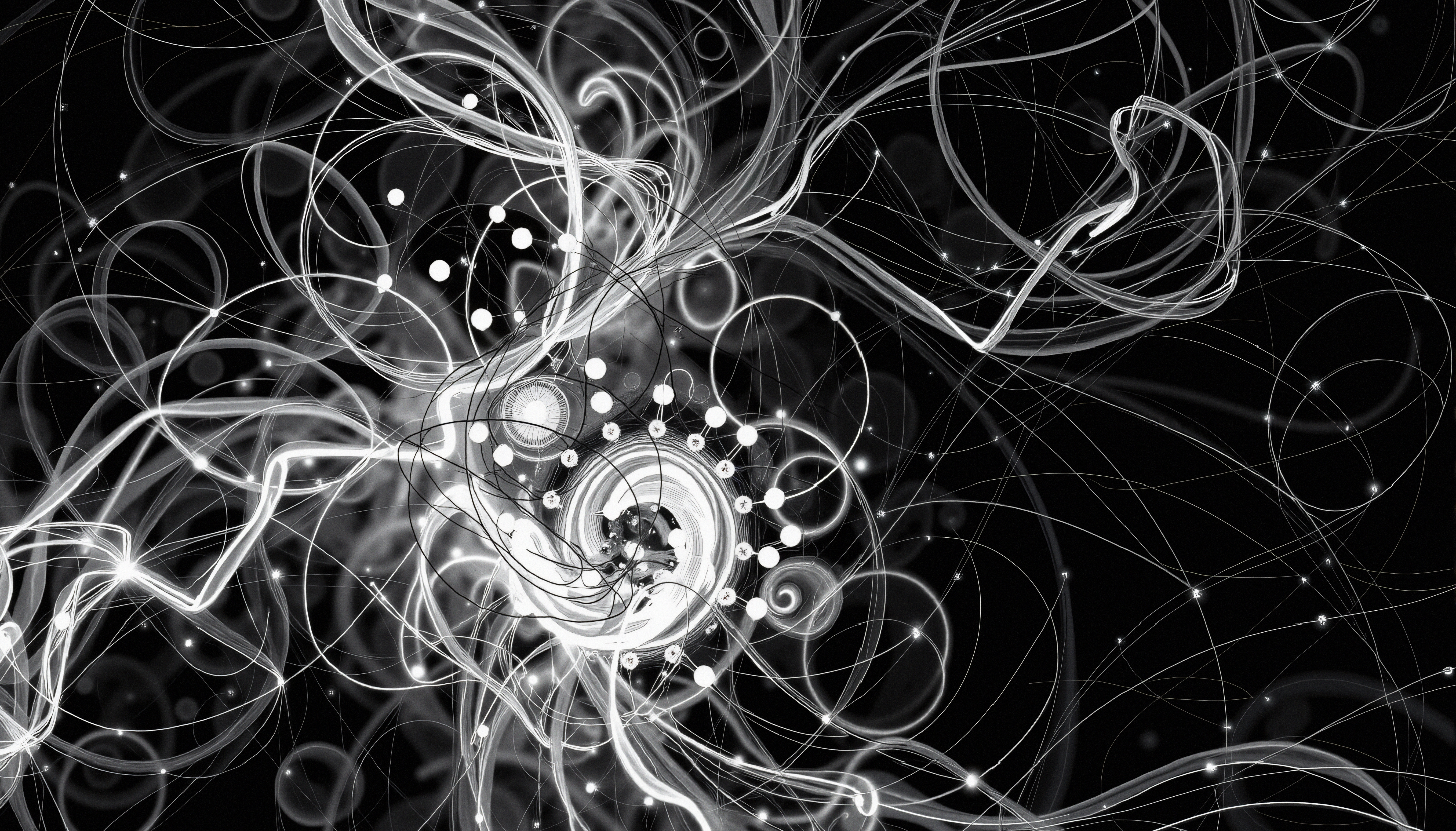 Abstract image featuring swirling lines and dots in monochrome.