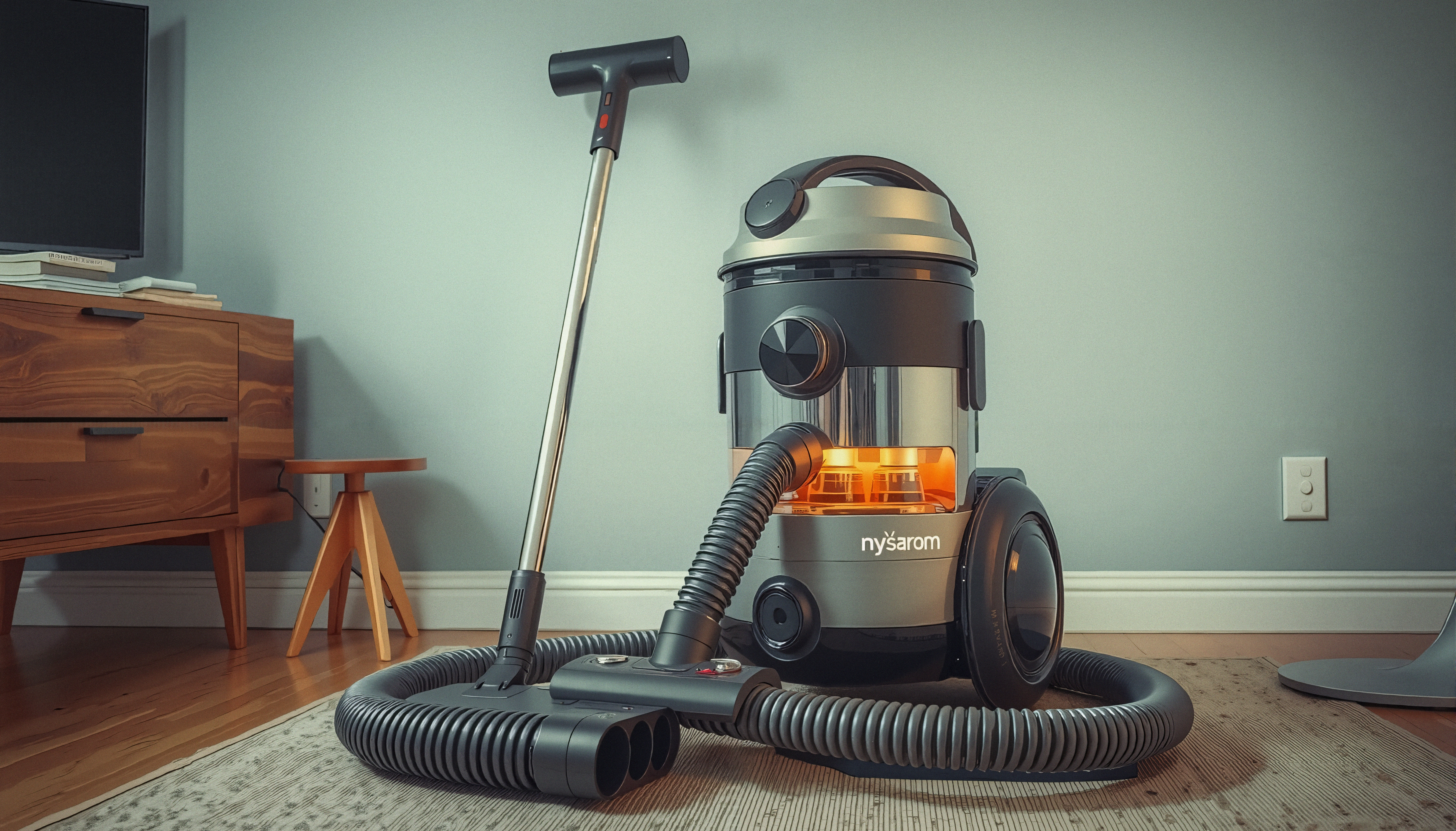 Modern vacuum cleaner with glowing light in stylish home setting.
