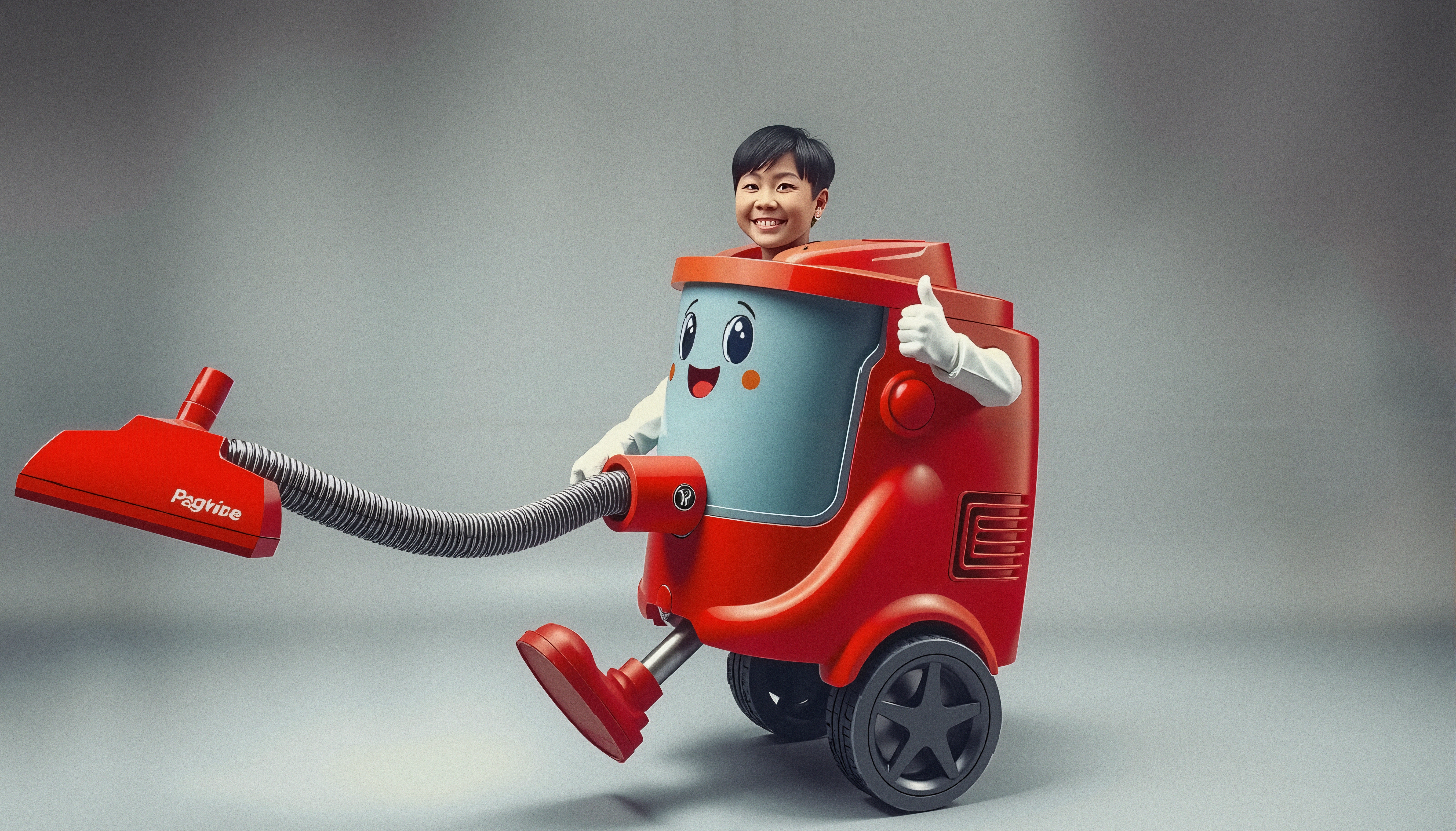 Person in bright red vacuum cleaner costume, smiling with thumbs-up.