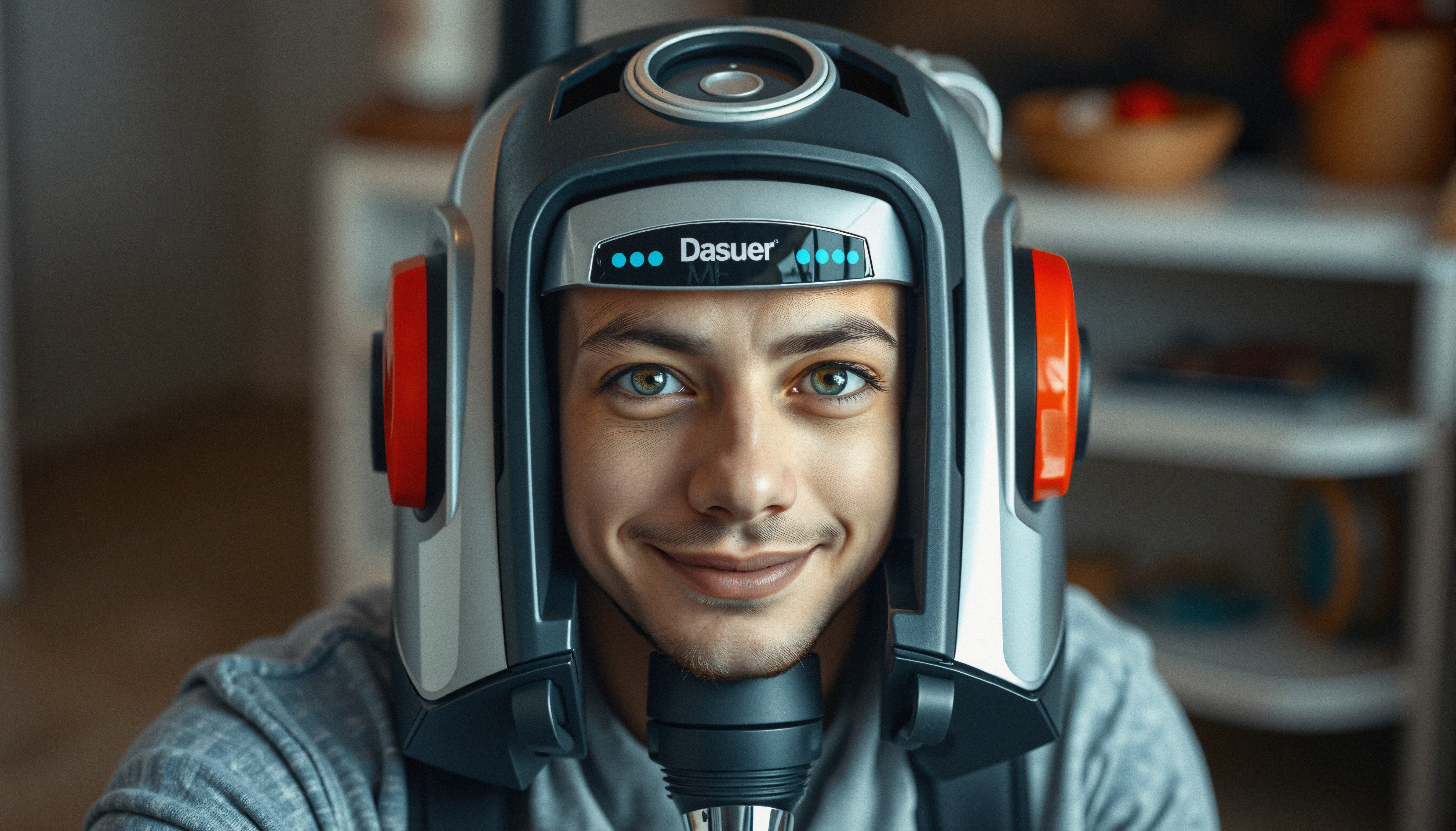 Person wearing futuristic headset smiling.
