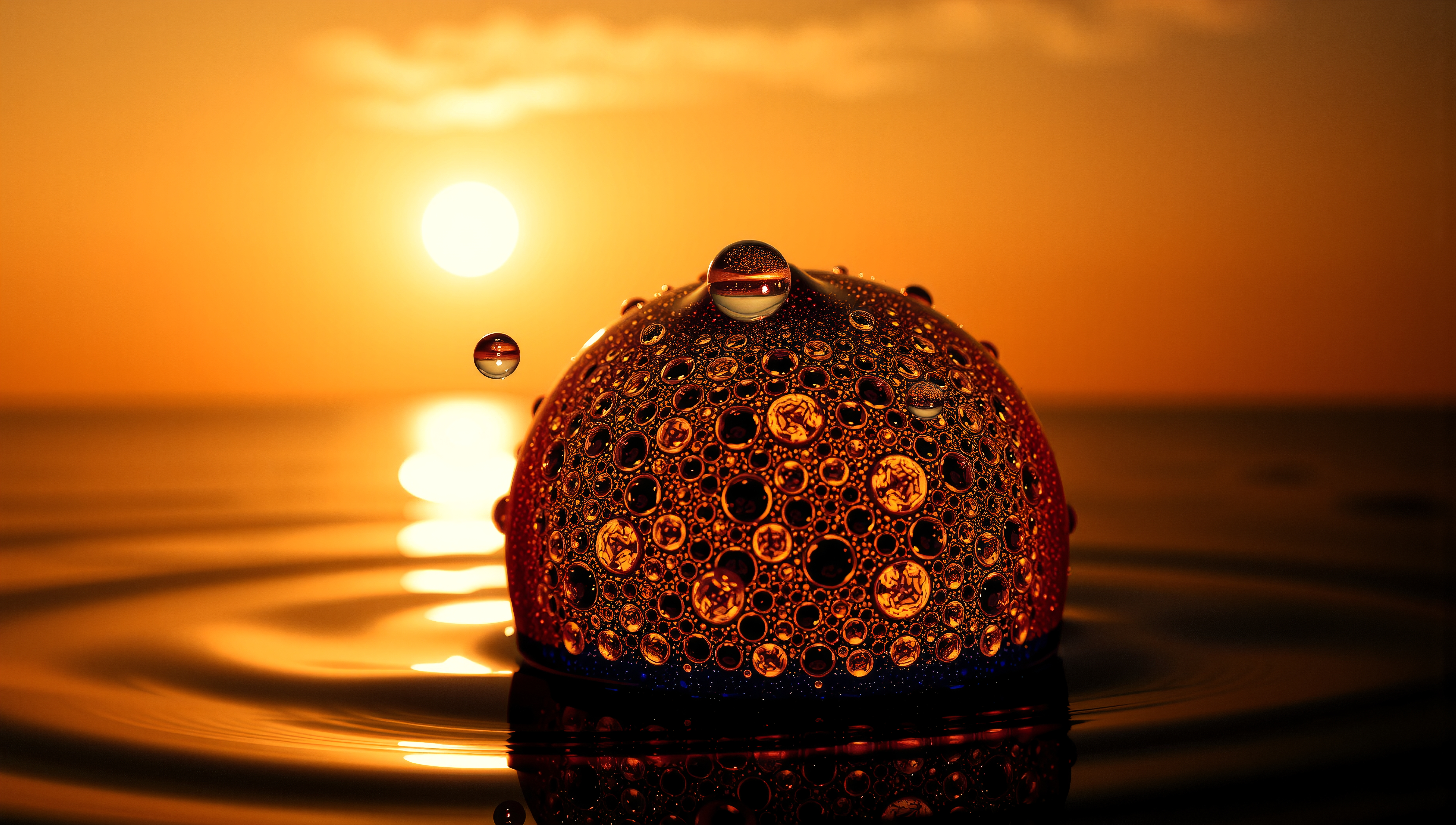 Spherical object with droplets reflecting sunset over rippling water.