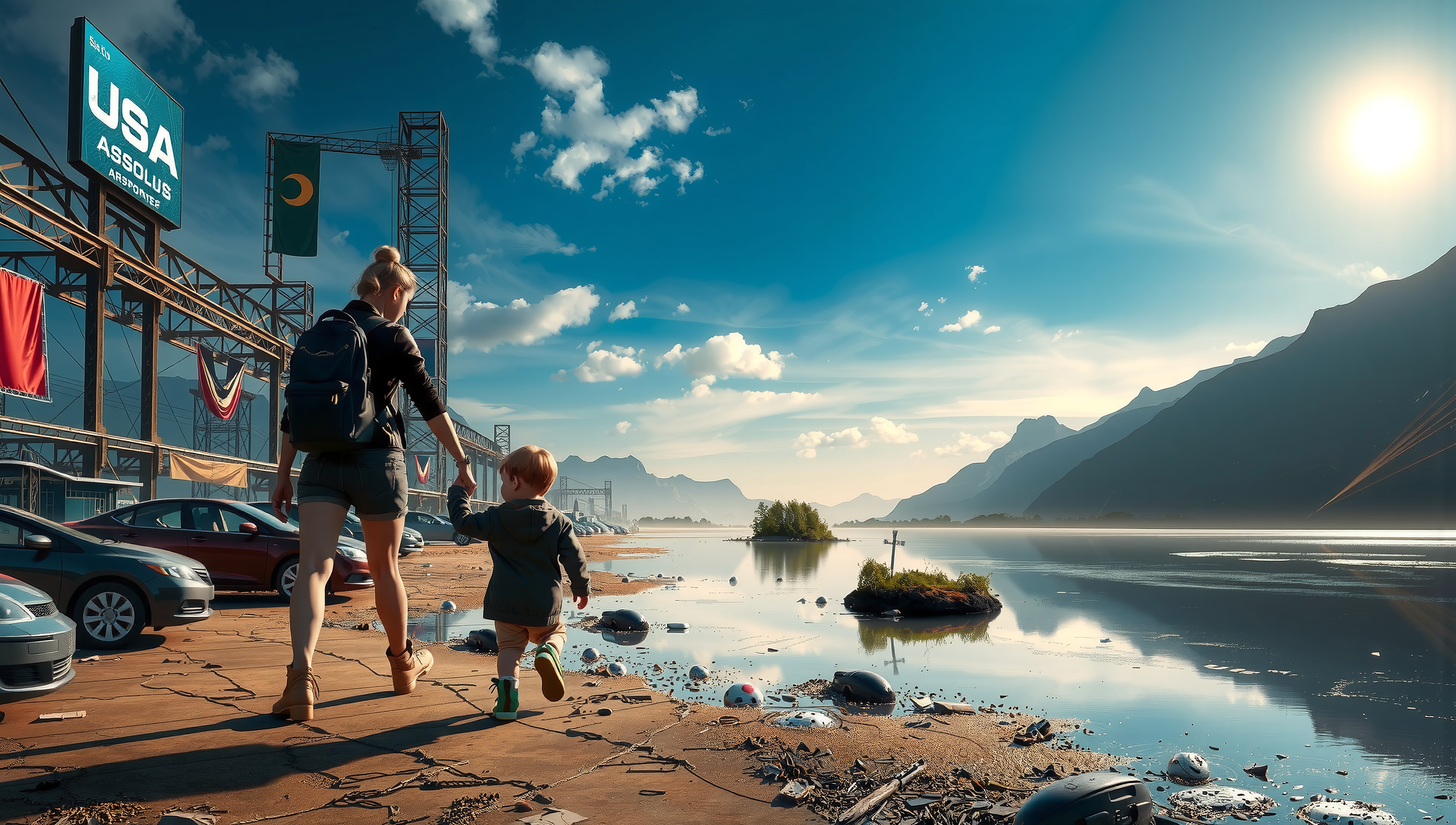 A mother and child walking beside a lake with mountains and a large sign under a bright sun.