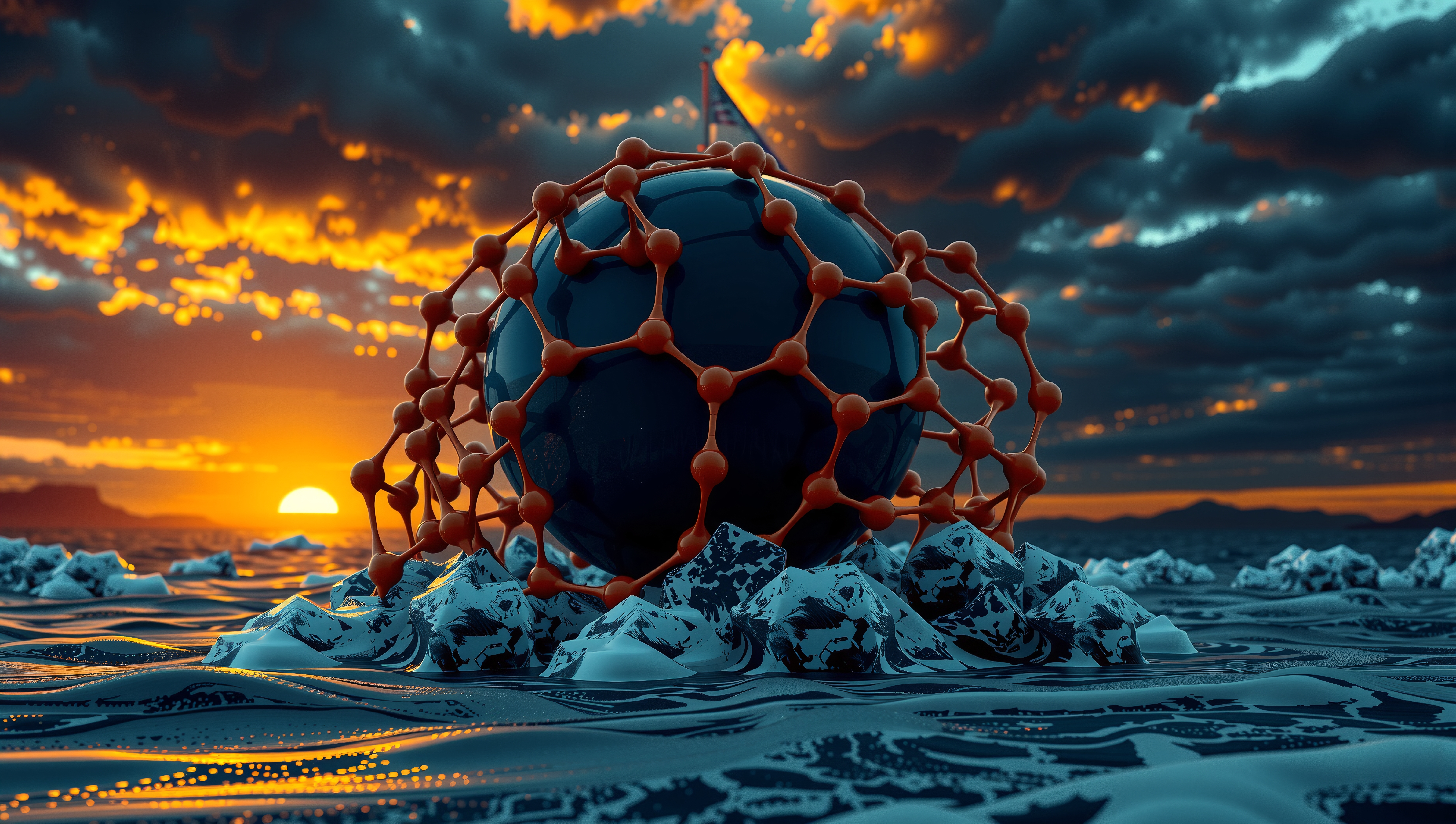 A dark sphere with a vibrant orange molecular structure sits on icy water under a dramatic sunset sky.