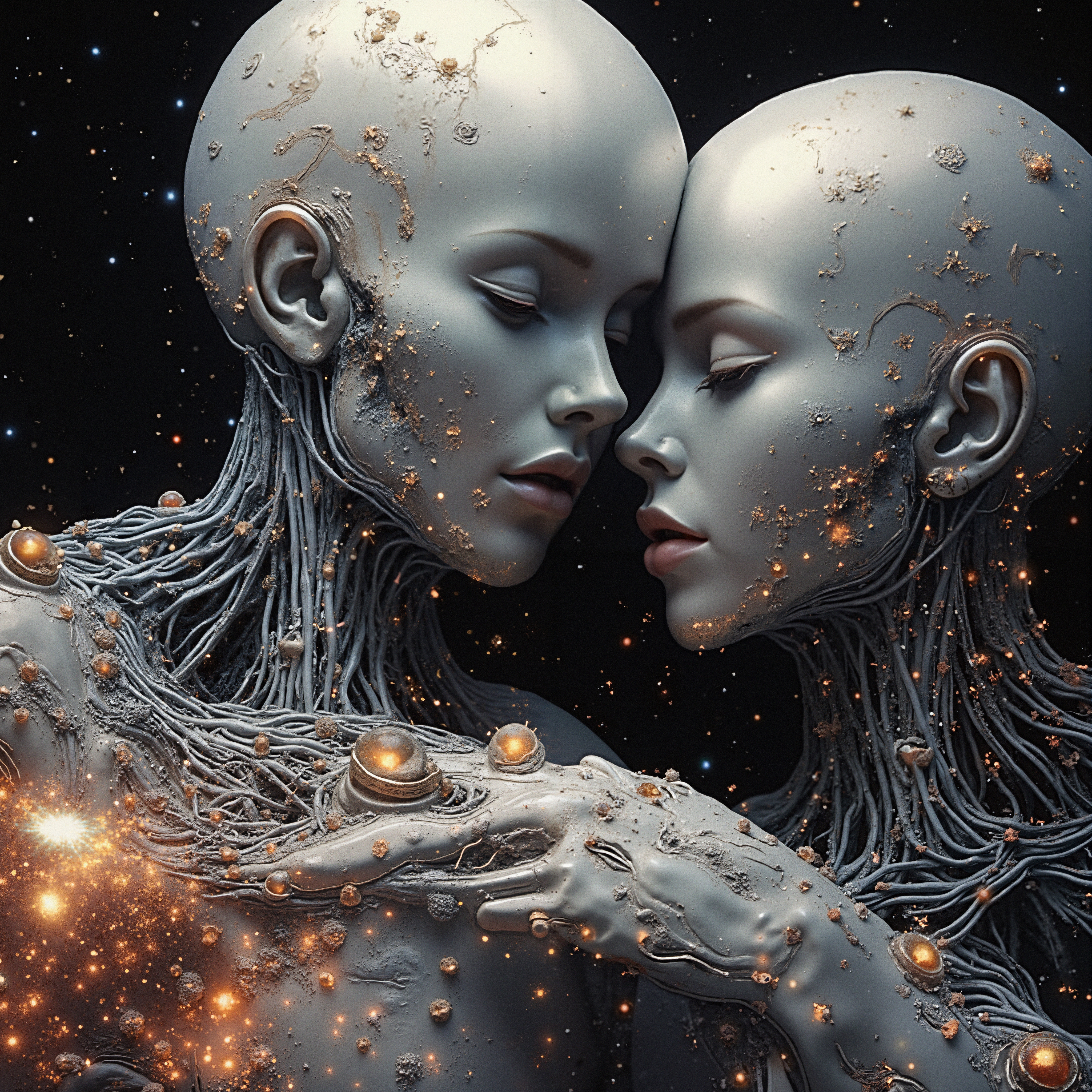 Futuristic humanoid figures with cosmic details.