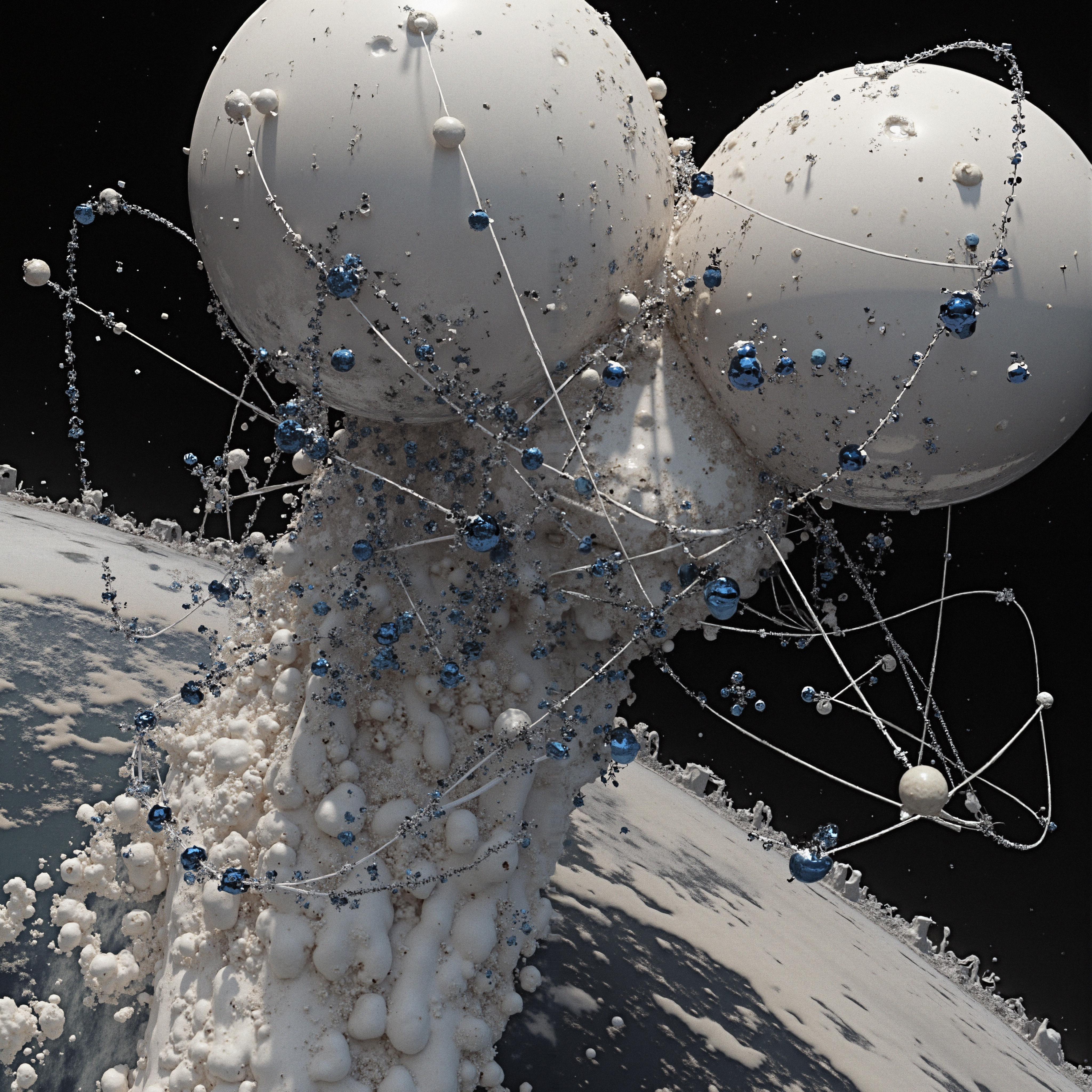 Celestial spheres and orbs interconnected by strings in cosmic space.