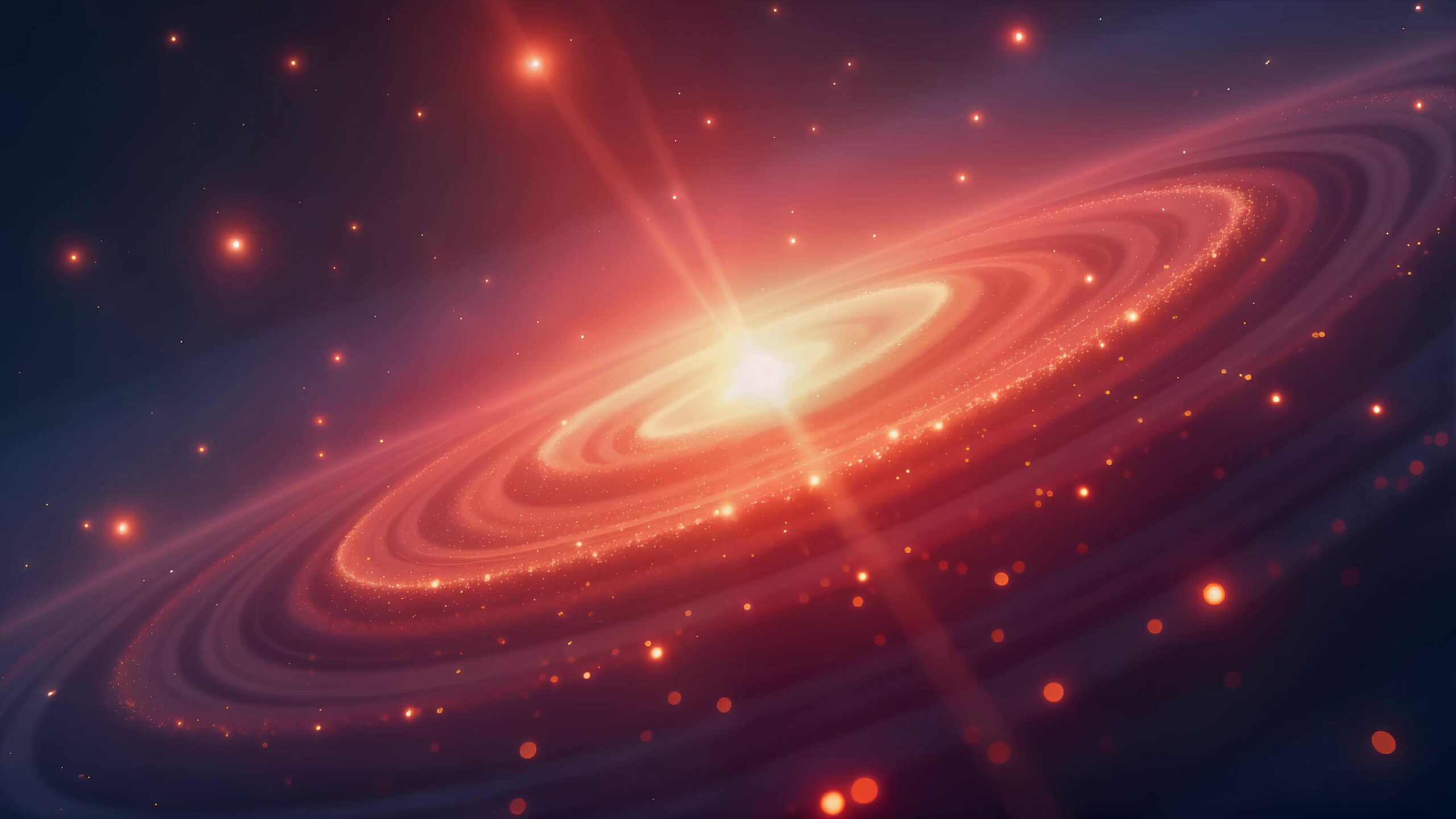 Animated red-orange spiral galaxy with sparkling particle orbits and starfield background