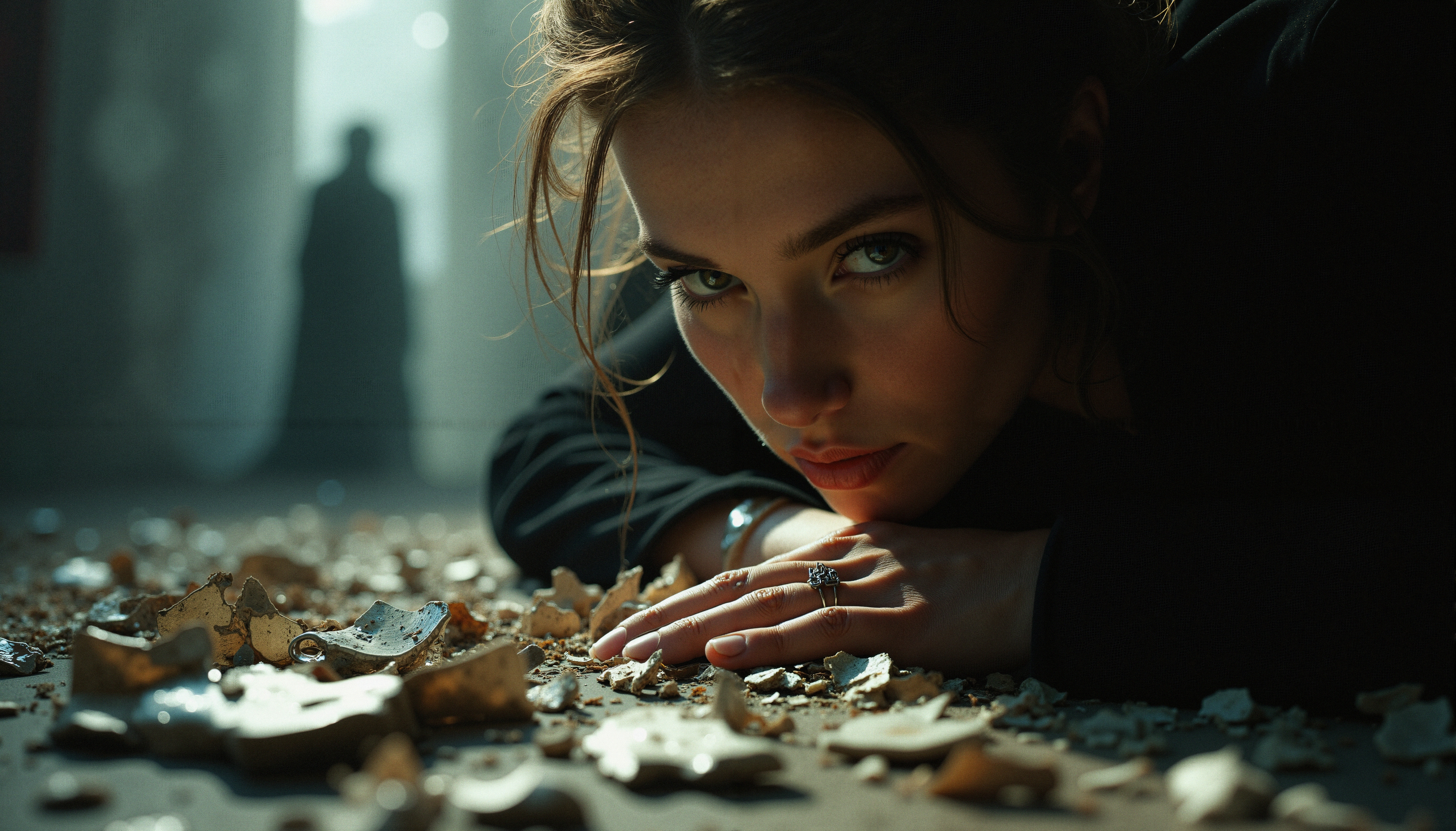 Mysterious Woman Amidst Fragments