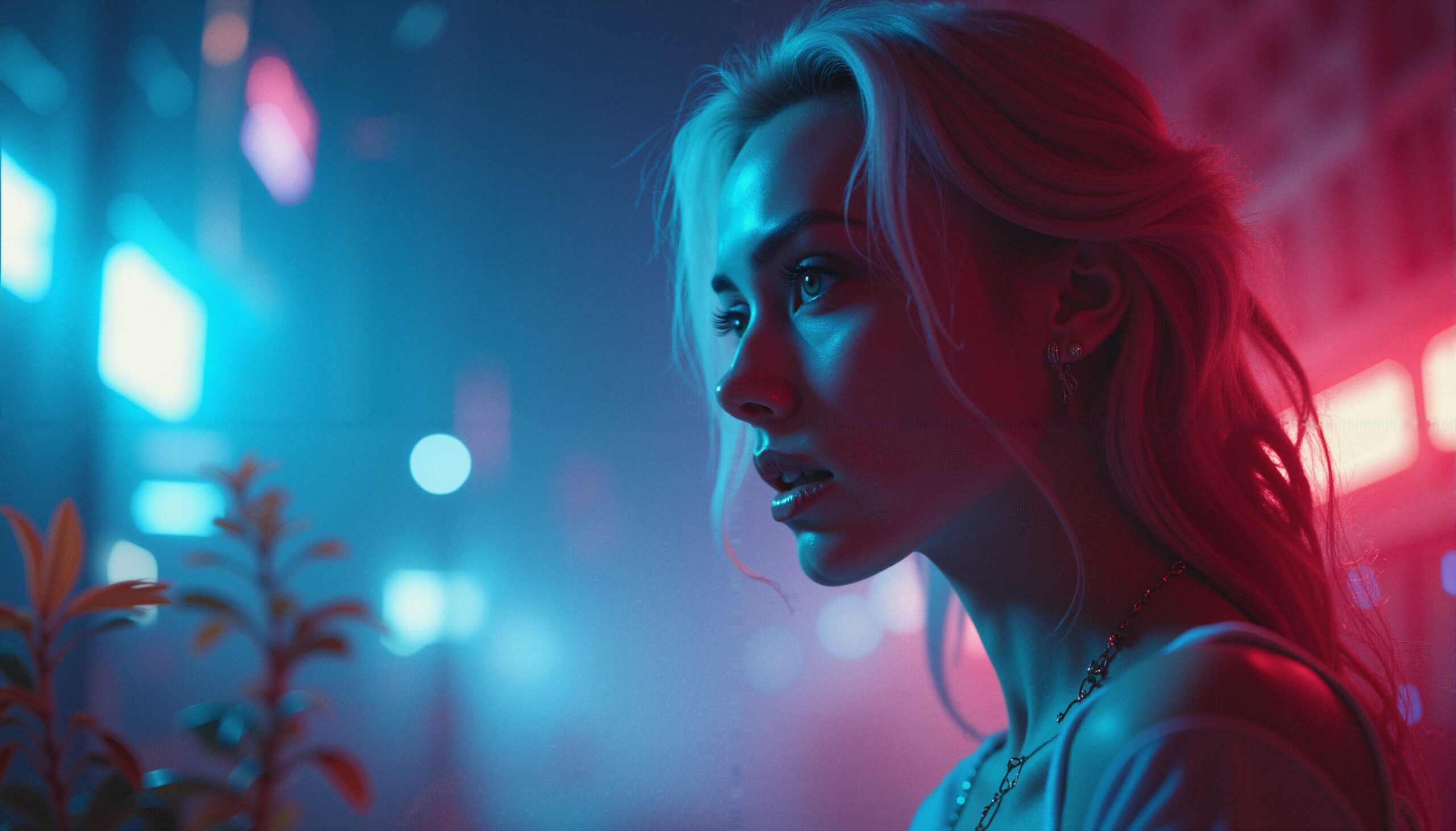 A young woman in a neon-lit urban environment looks thoughtful amidst vibrant blue and pink hues.