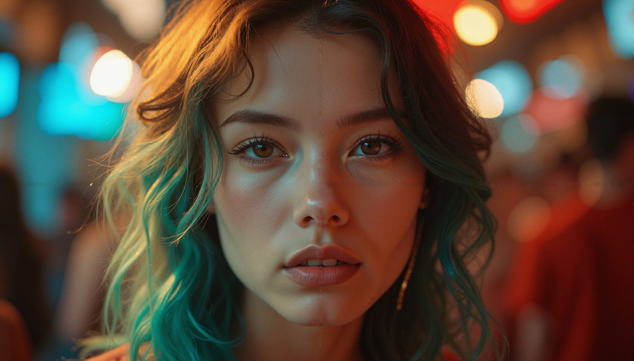 Close-up portrait of a young woman with teal hair, set against a bokeh-lit urban background.