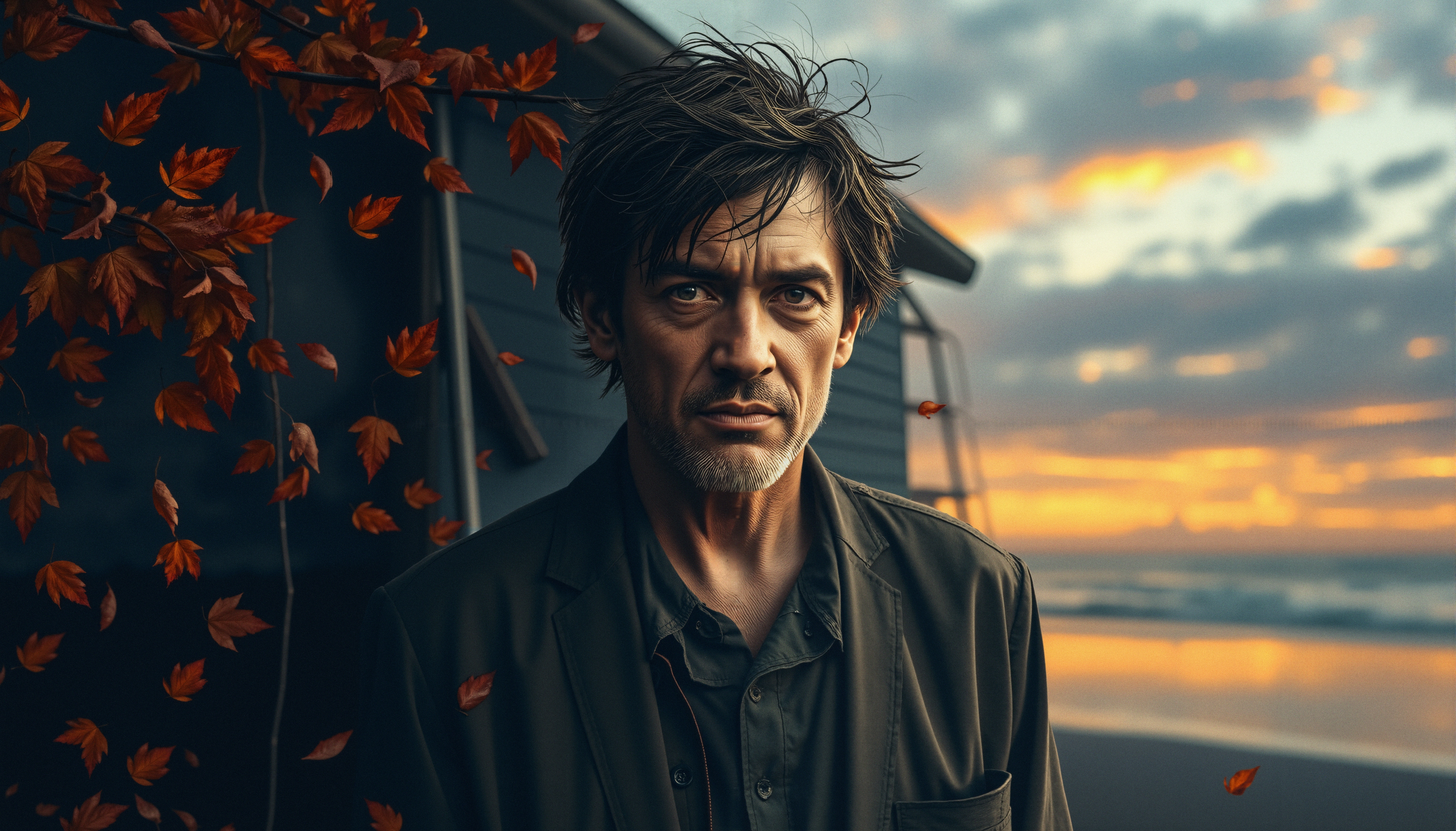 A man stands before a beachside sunset, red leaves swirling around, creating a serene autumn scene.