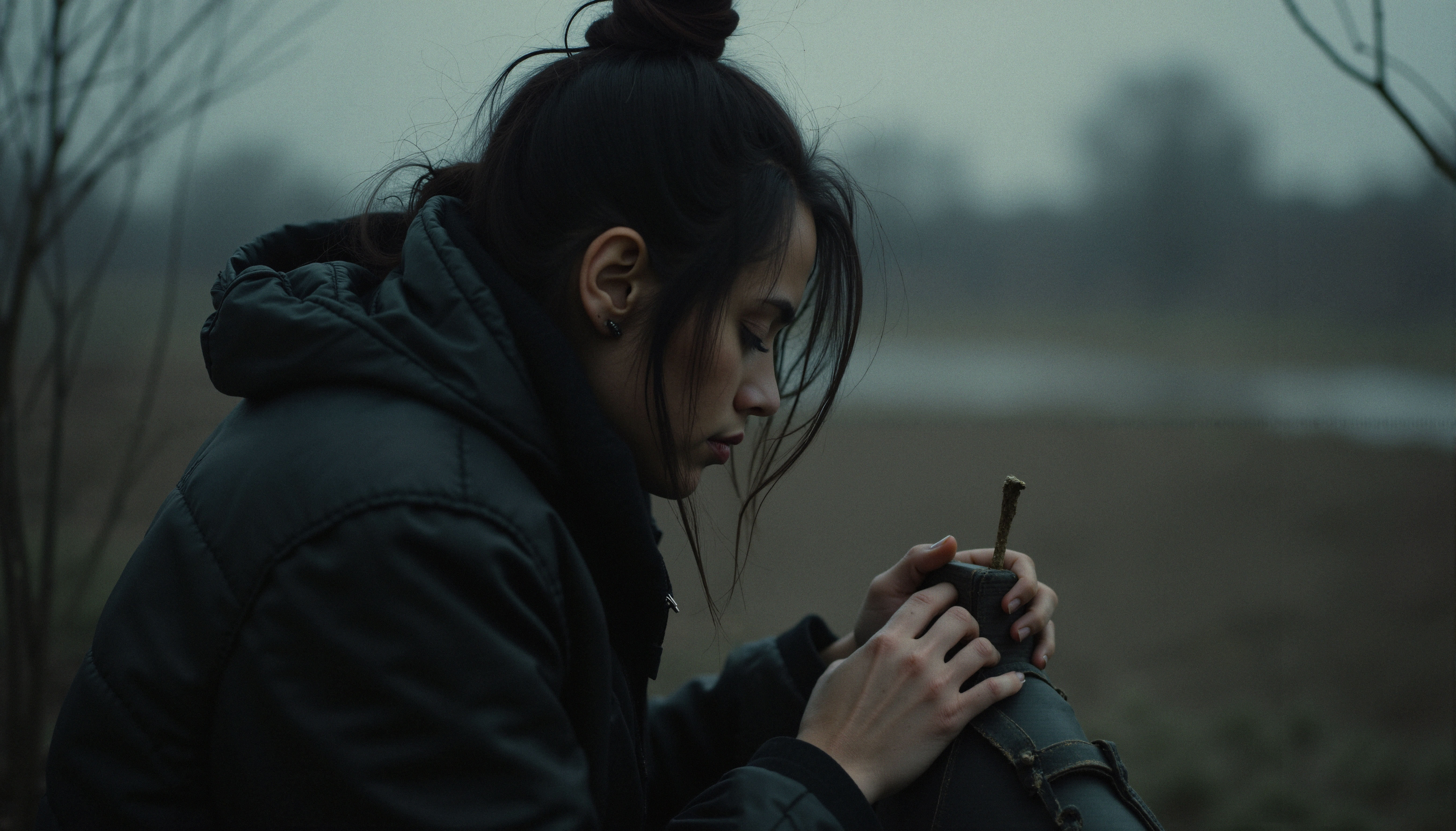 A woman in thought holding a small object in nature.