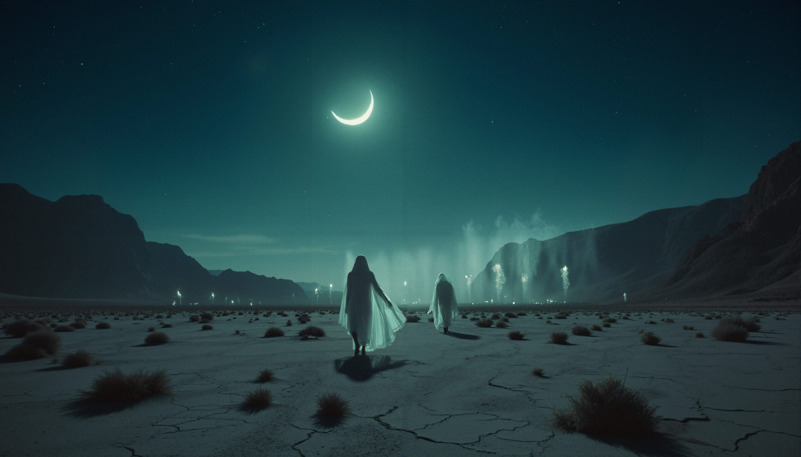 Two figures in a mystical desert under a crescent moon.