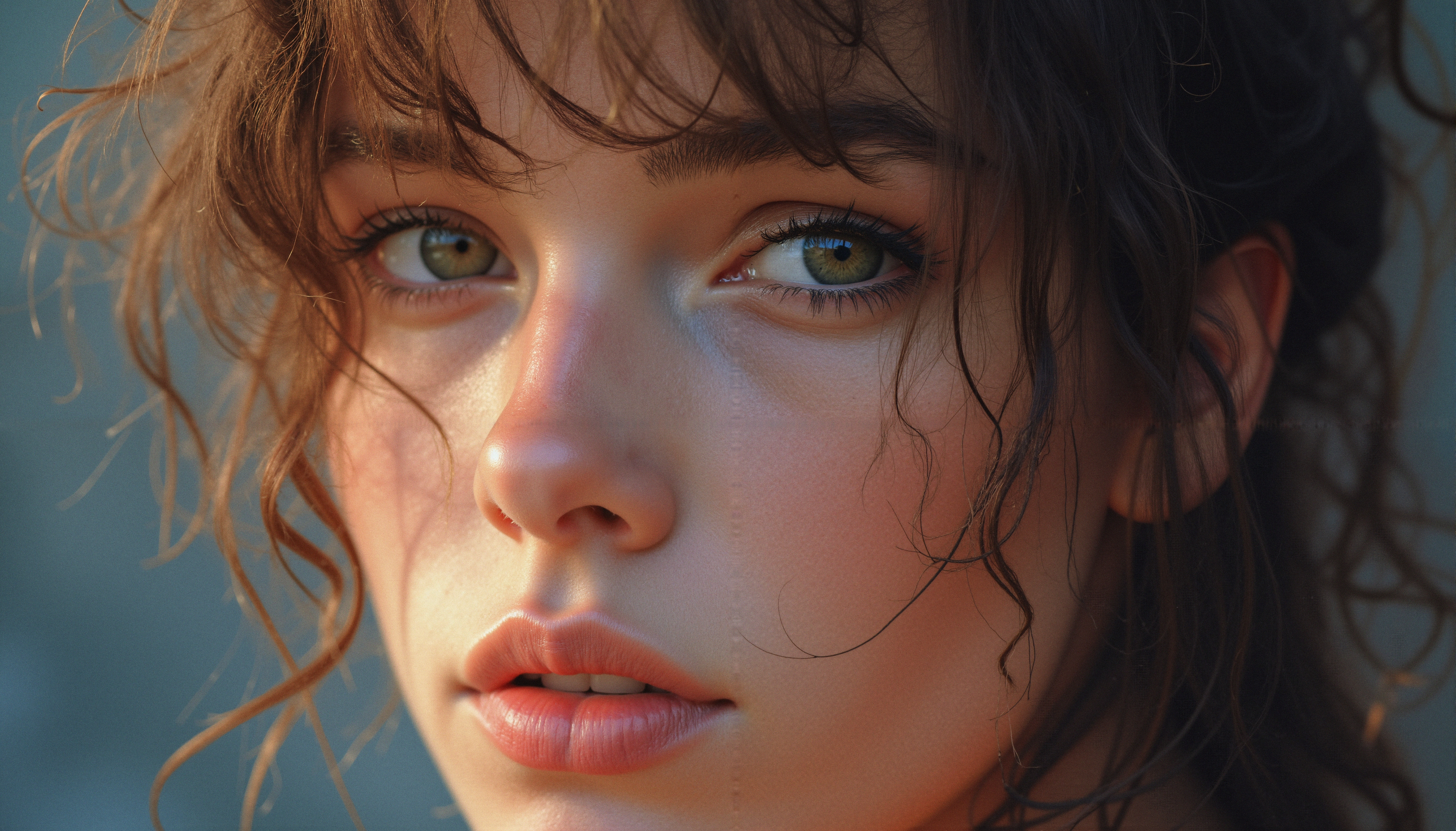 Close-up of a woman with stunning green eyes and wavy brunette hair, captured in warm natural light.