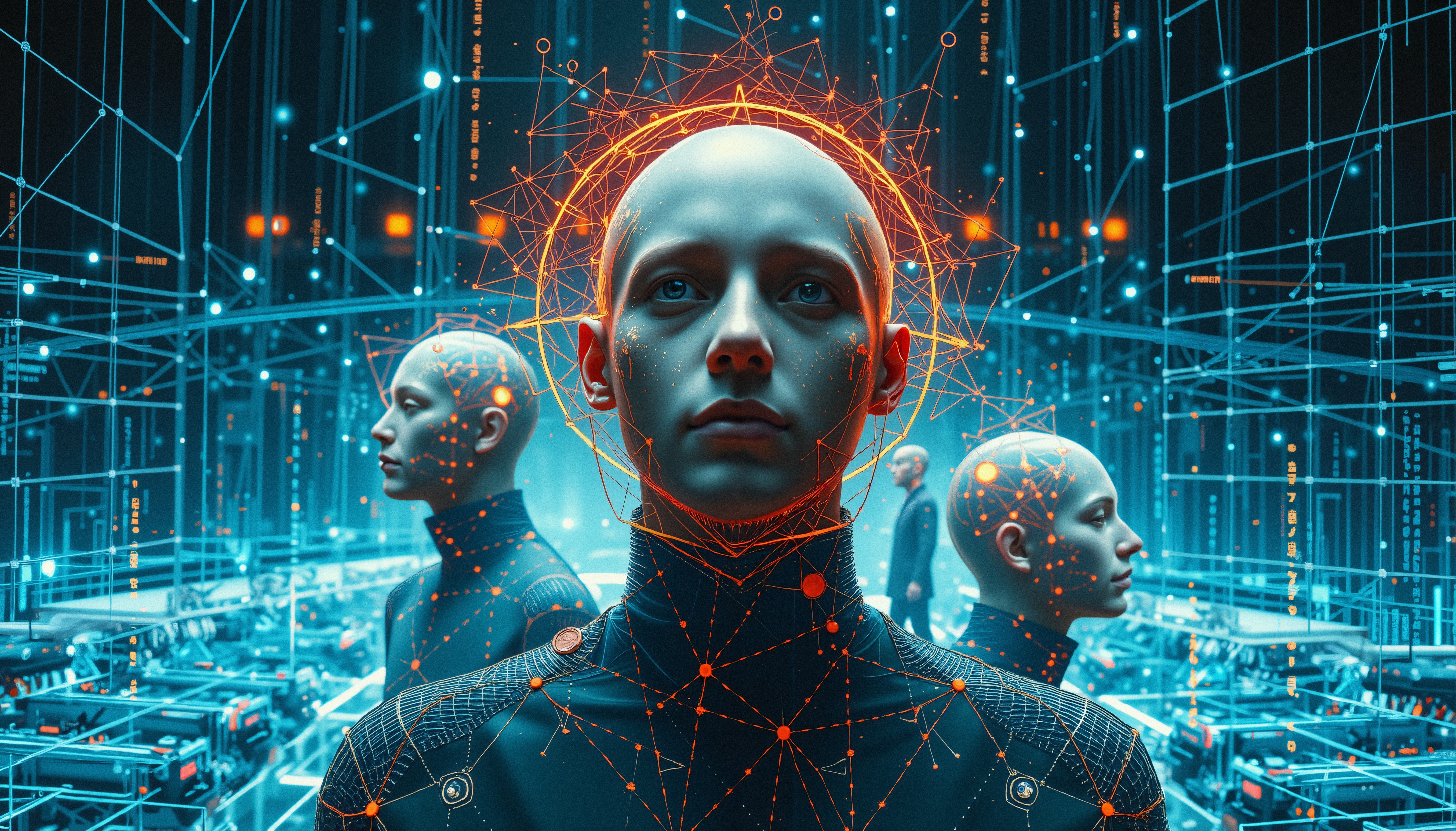 "Futuristic humanoid robot with glowing orange geometric halo and intricate circuitry in a high-tech digital environment."