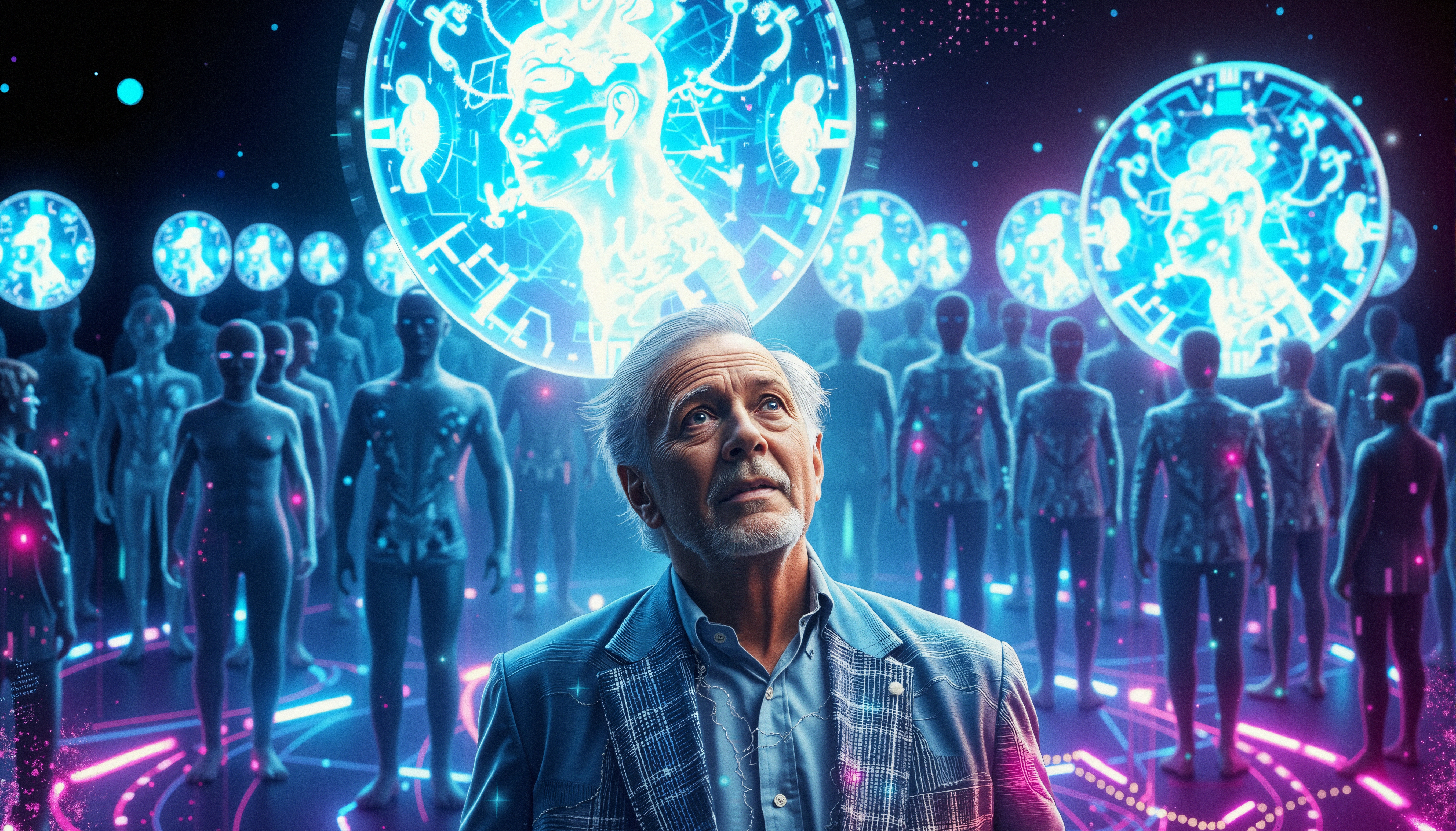 A futuristic scene of a thoughtful man surrounded by glowing holograms and humanoid figures, highlighting themes of technology and AI.