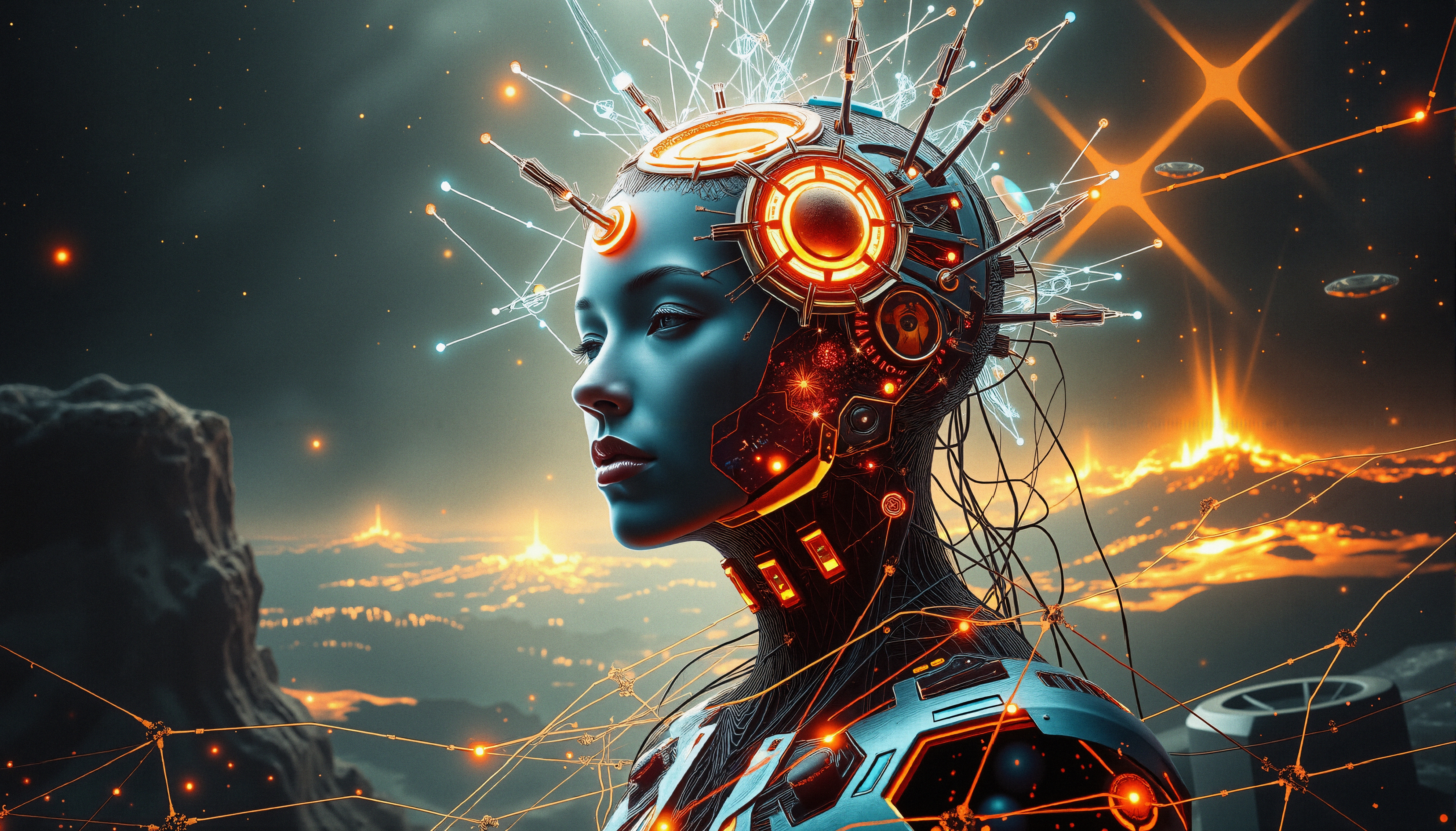 Futuristic humanoid robot with glowing circuits in a cosmic landscape.