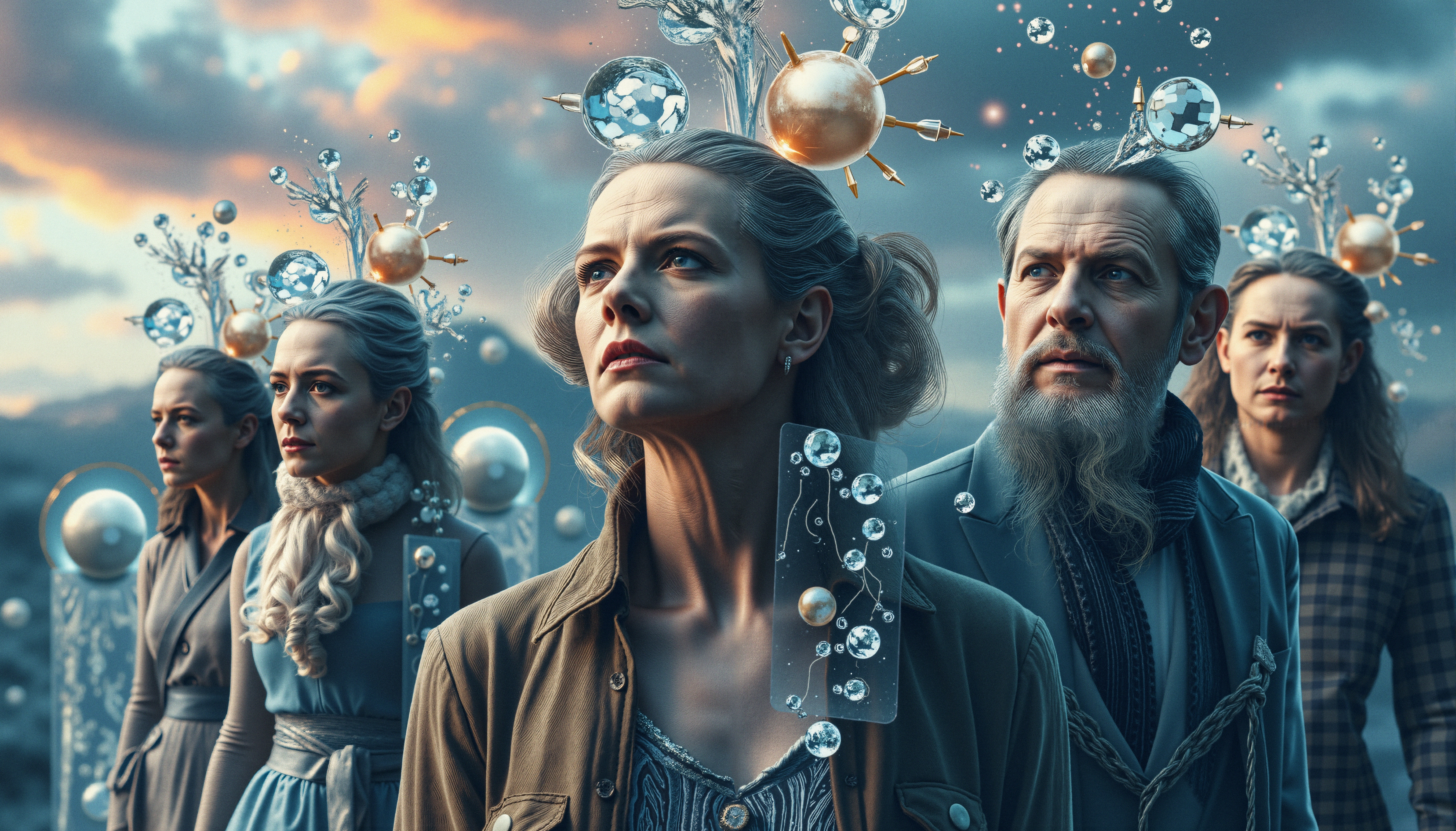 A group of people wearing elaborate headpieces stand united under a dramatic sky, evoking a sense of fantasy and purpose.
