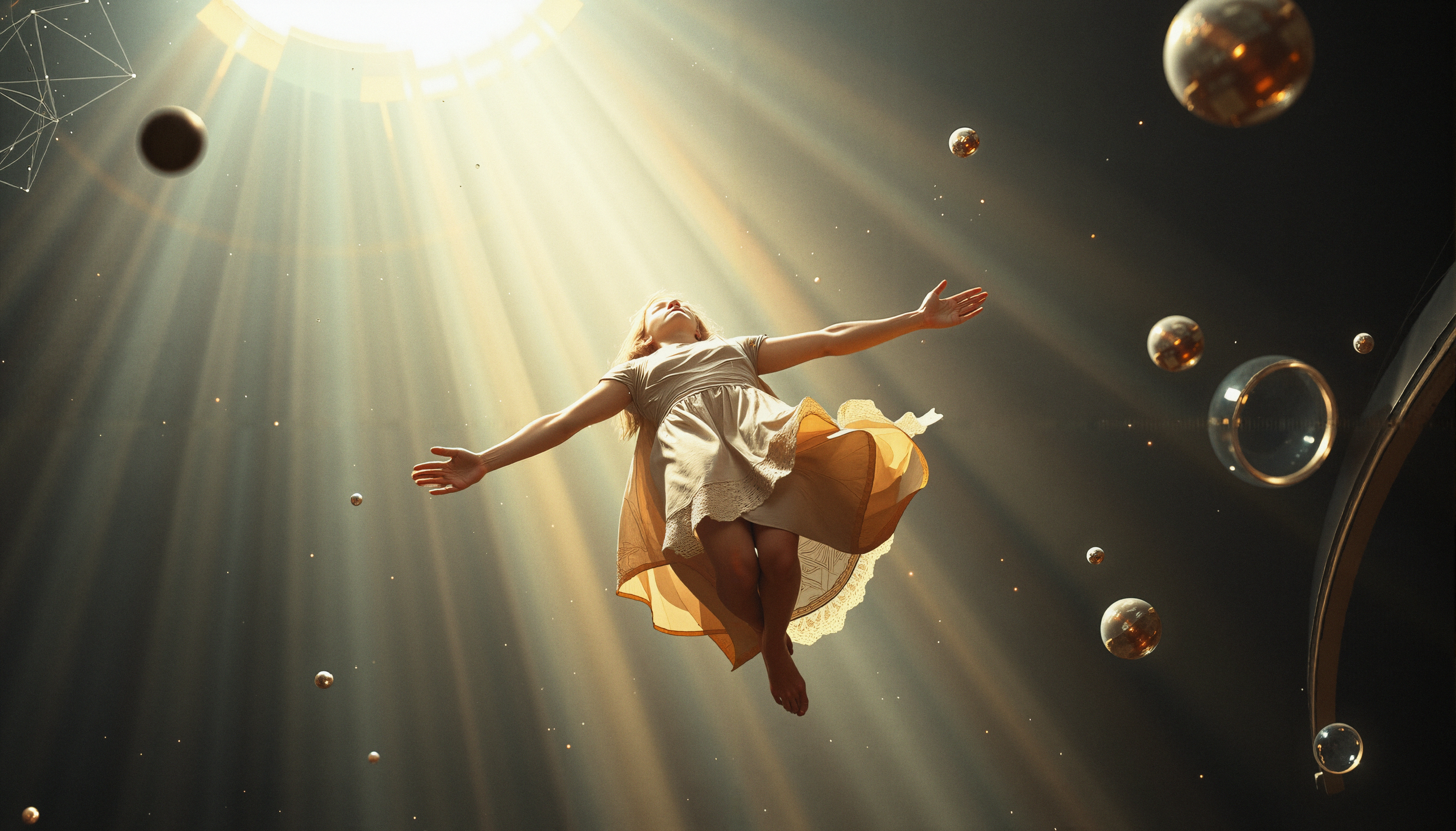 A young girl floats ethereally in a radiant beam of light surrounded by shimmering spheres, creating a serene, dreamlike scene.