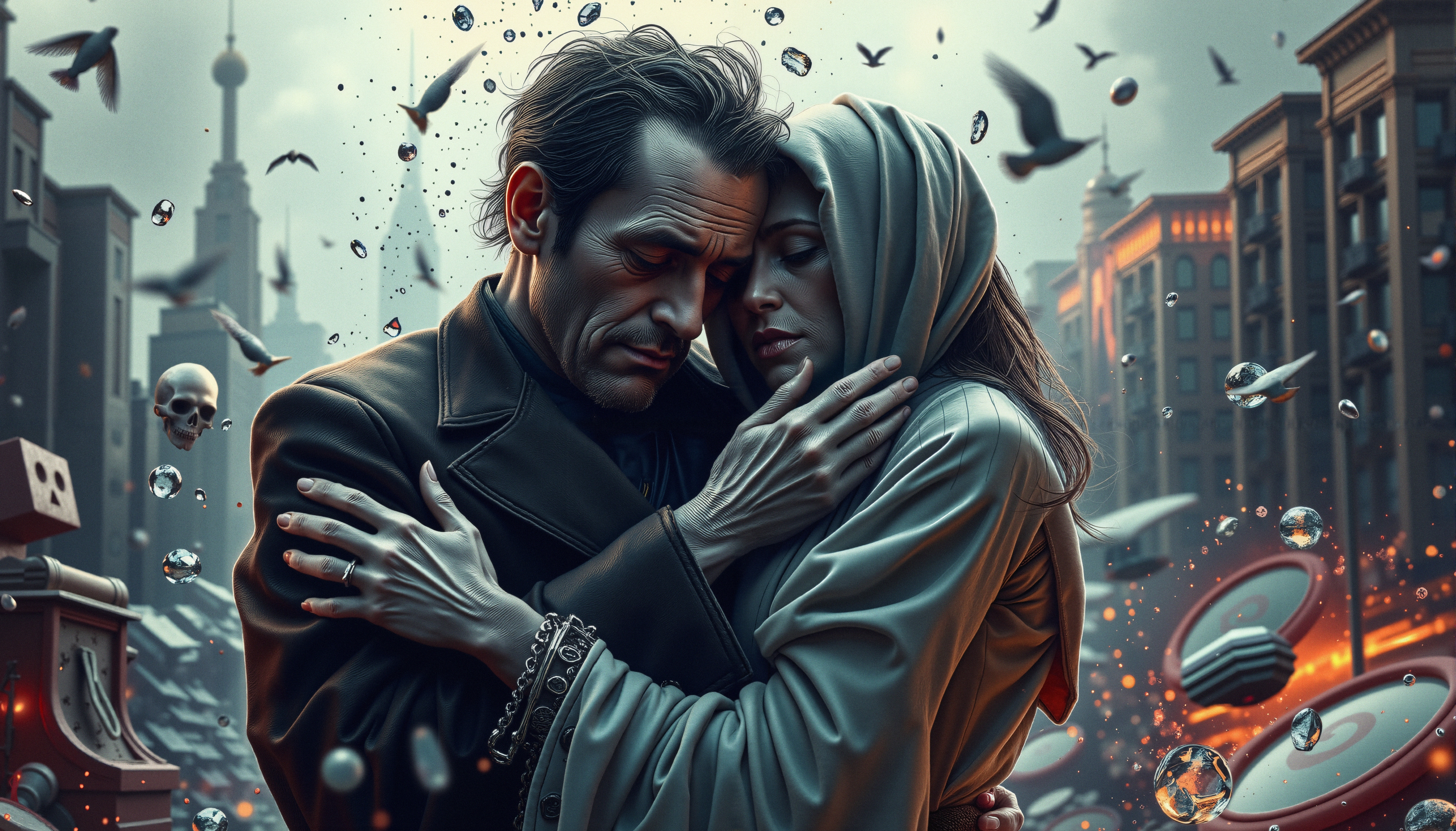A couple embraces amidst floating objects and birds in a mystical urban scene.