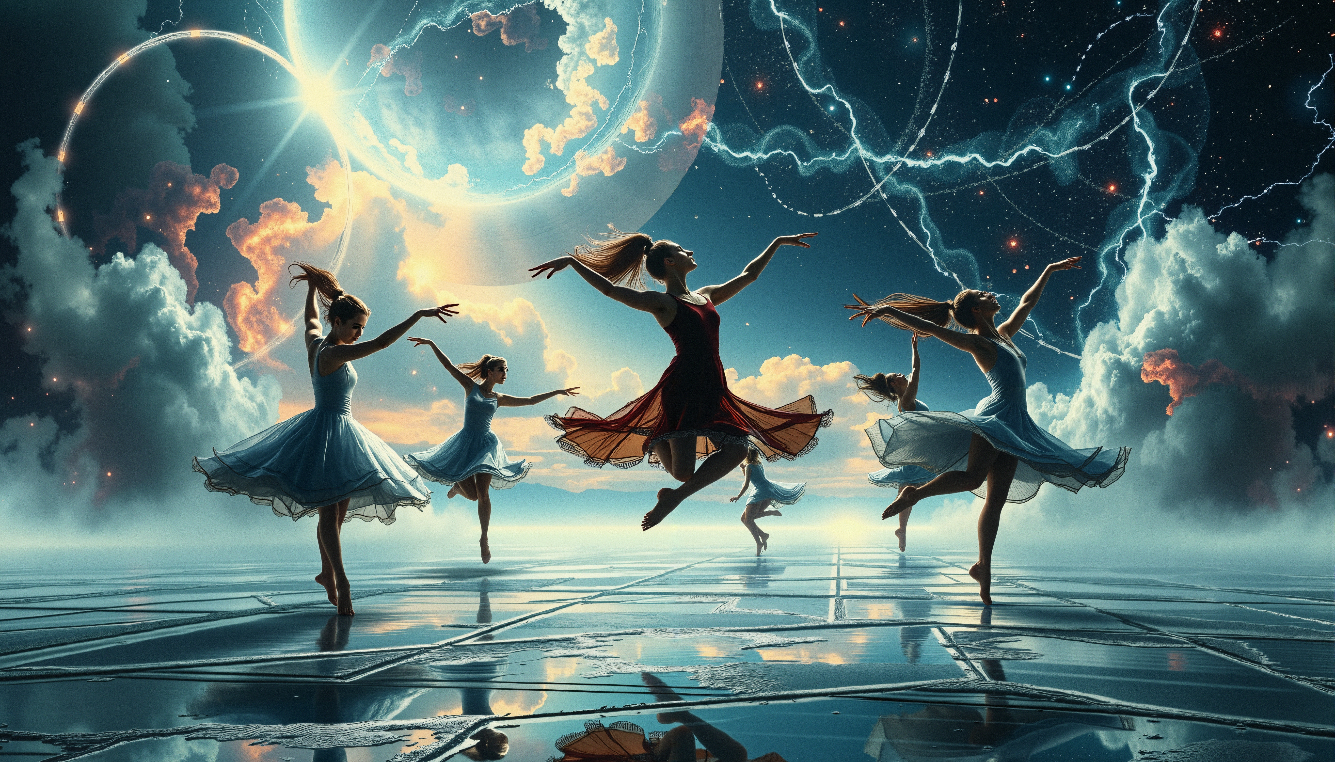 Five dancers leap amid cosmic scenes, their reflections captured on a smooth, mirrored surface below a starry sky.