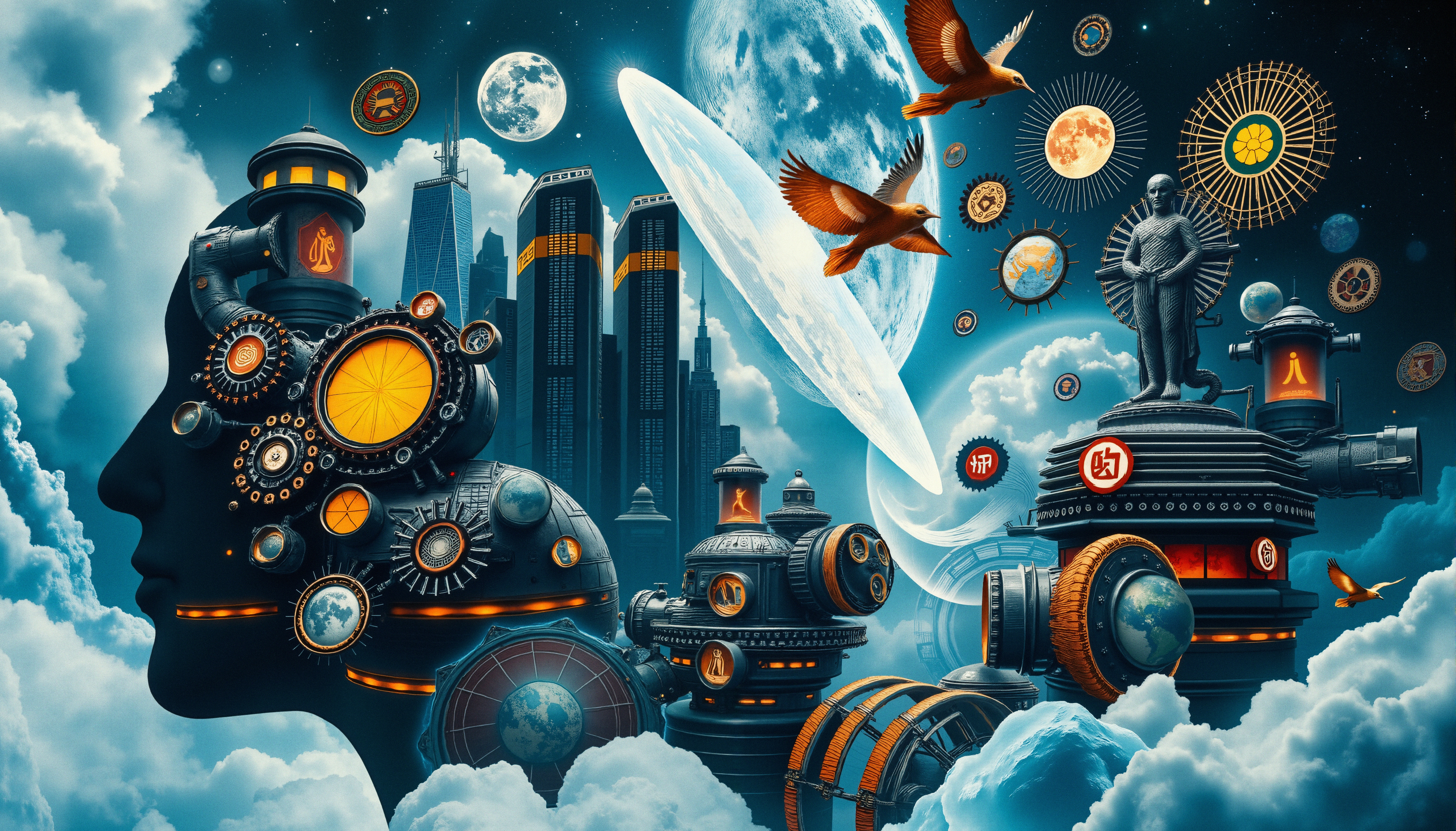 Surreal futuristic cityscape blending technology and nature.