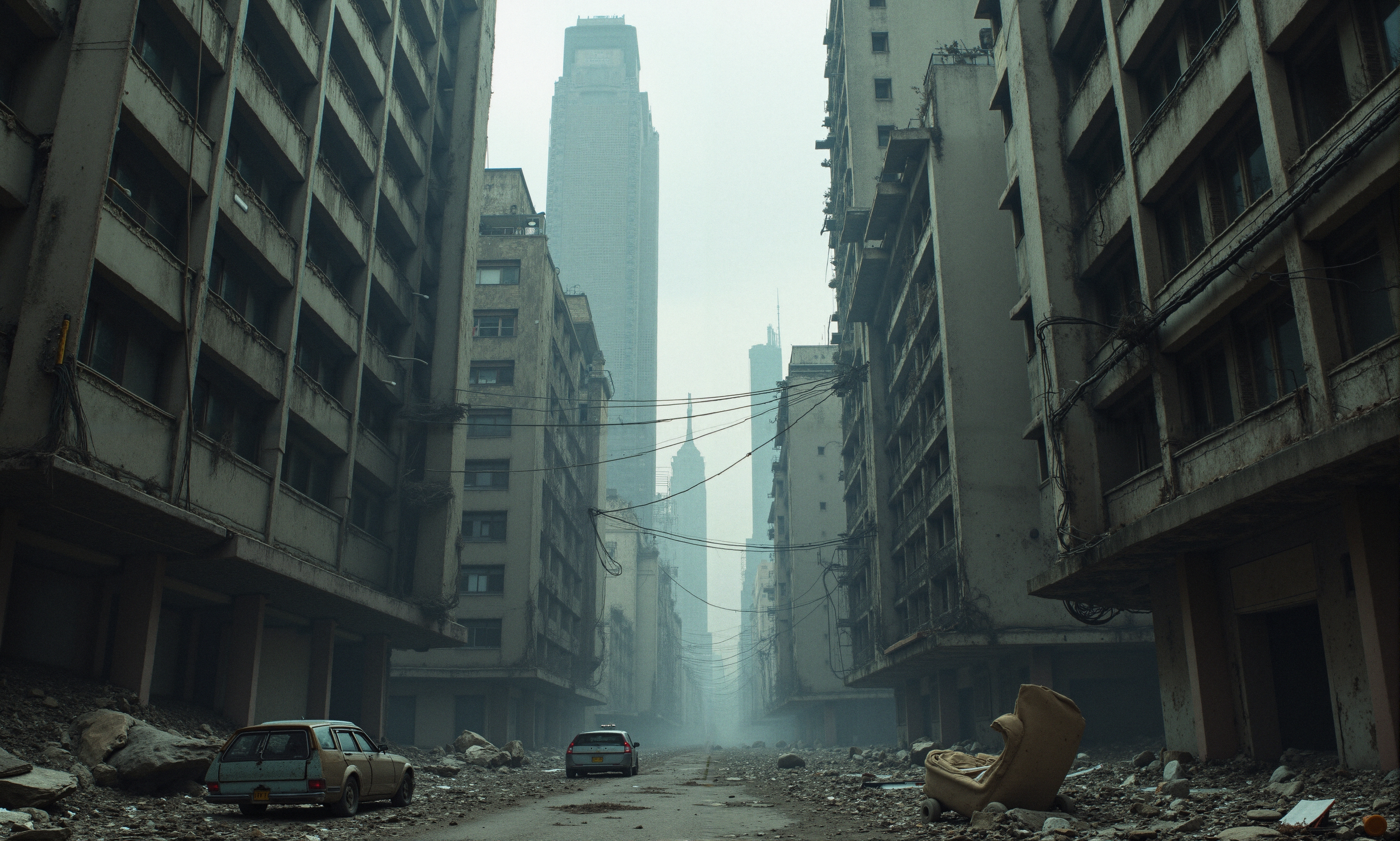 Abandoned urban street with dilapidated buildings and misty skyline.