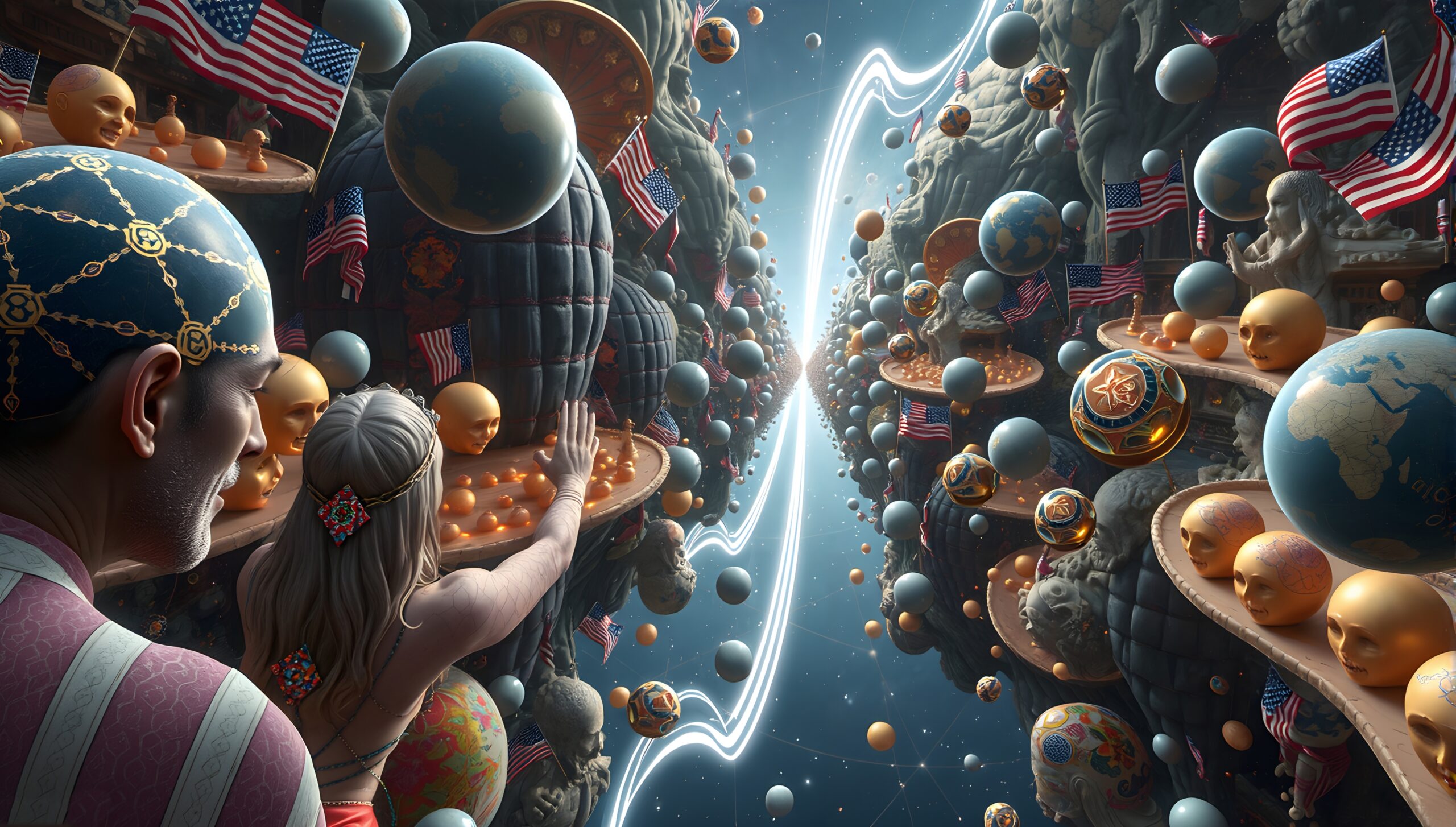 Surreal scene with floating spheres, American flags, and a glowing path.