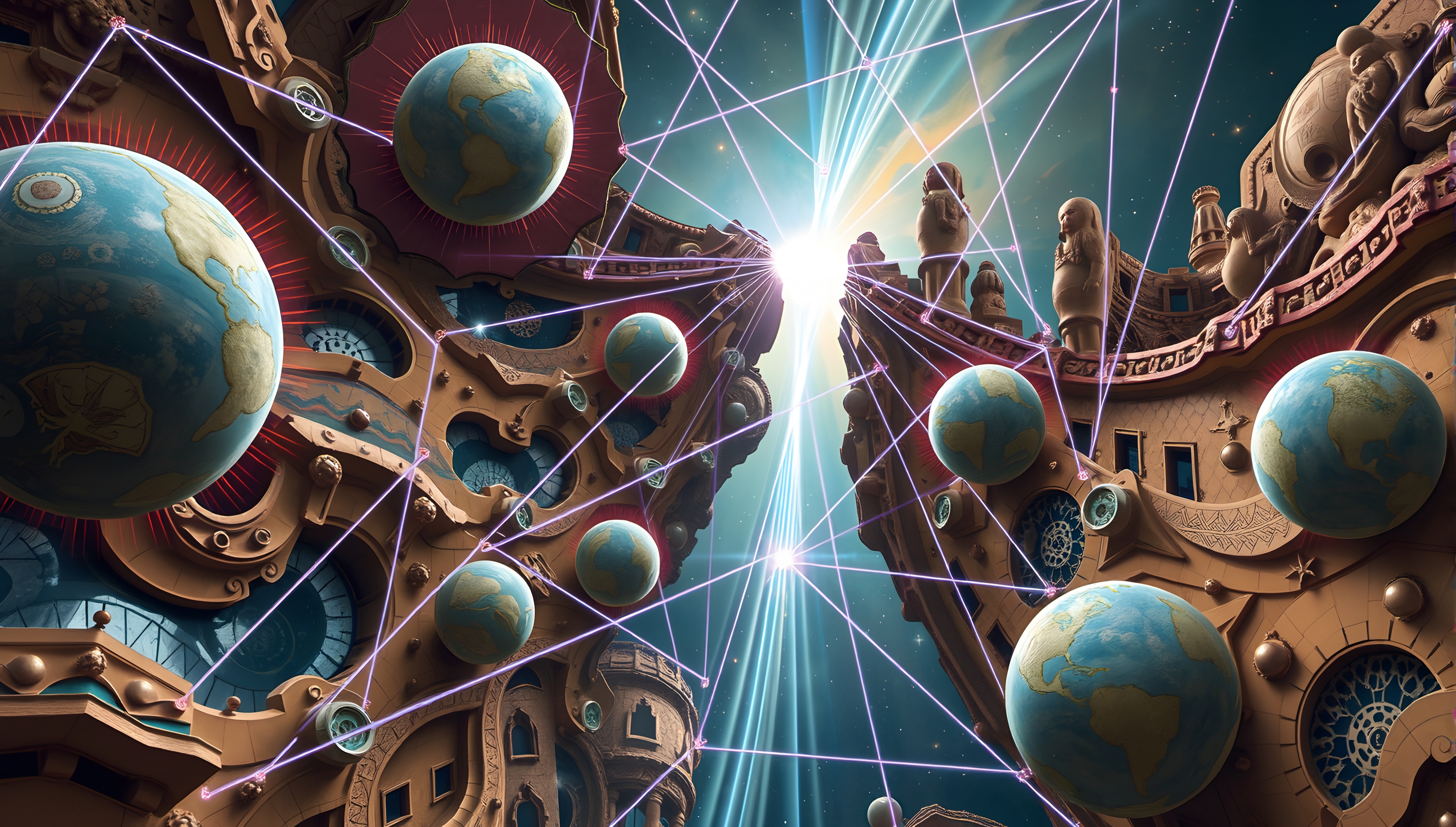 A surreal cosmic scene with globes, intricate architecture, and glowing trails in a starry sky.