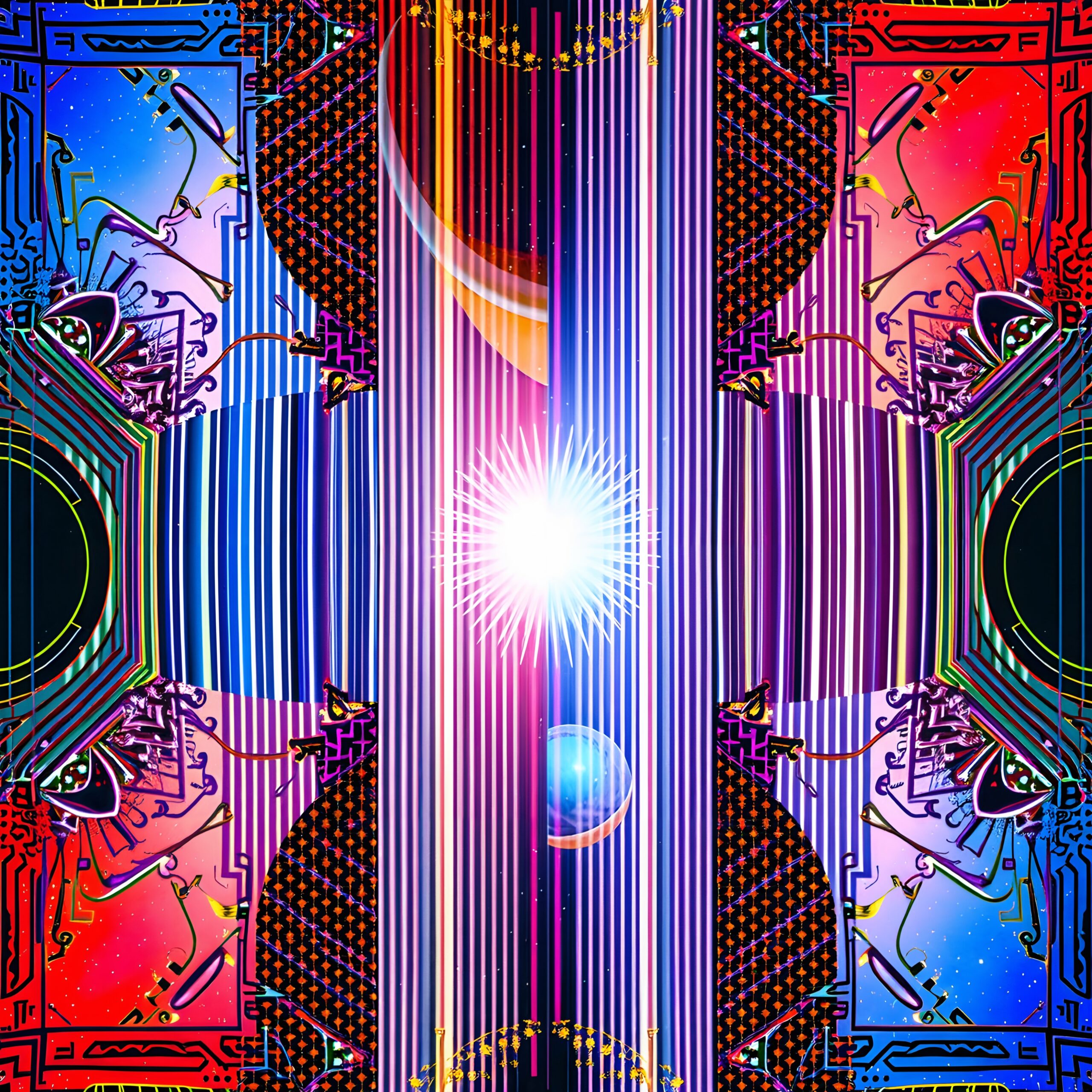 Abstract colorful symmetrical cosmic design with radiant light and celestial elements, featuring intricate geometric patterns and vibrant hues.