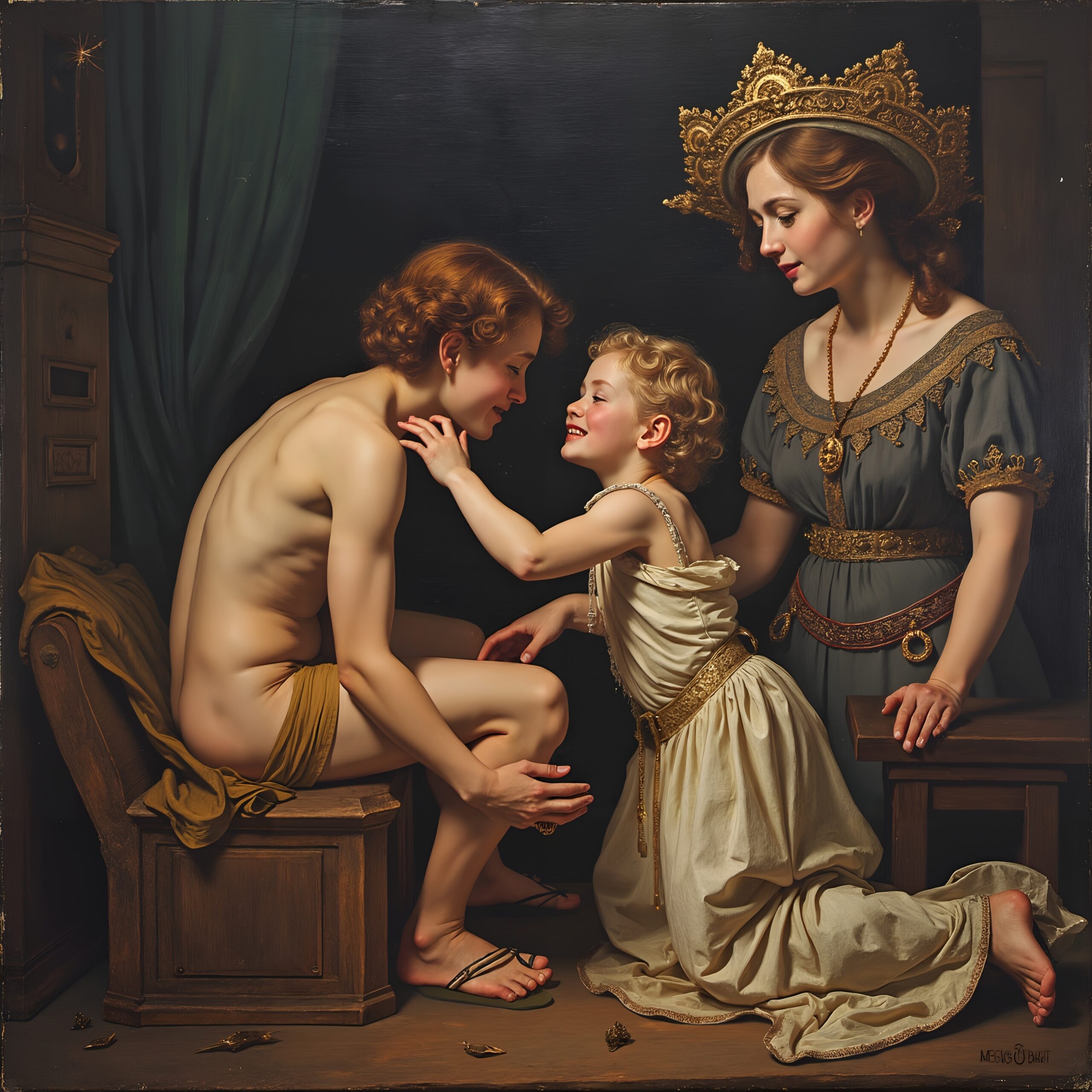 A classical painting portrays a family scene with a heartfelt interaction between a man, child, and woman in an elegantly adorned setting.