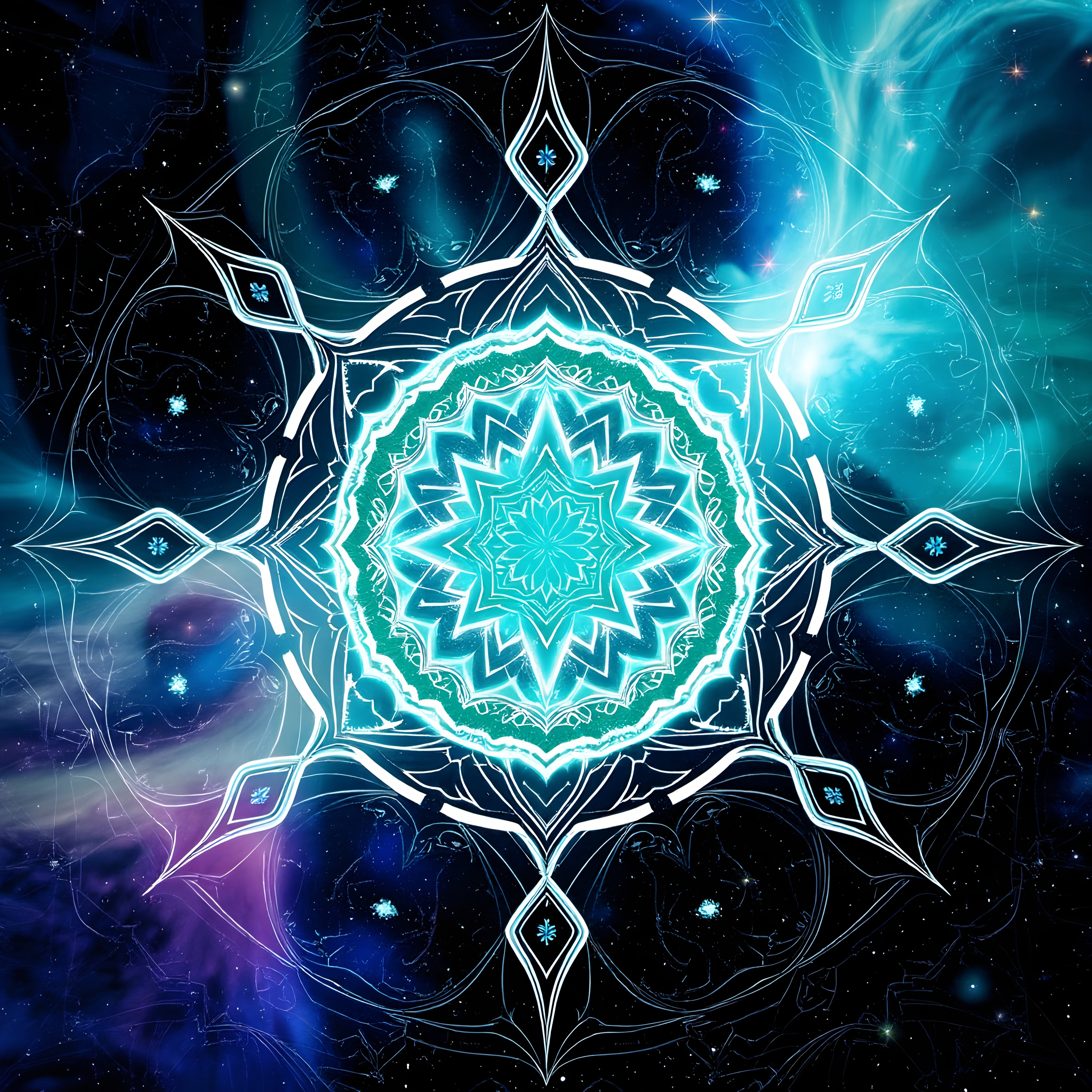 Intricate glowing mandala with cosmic background.
